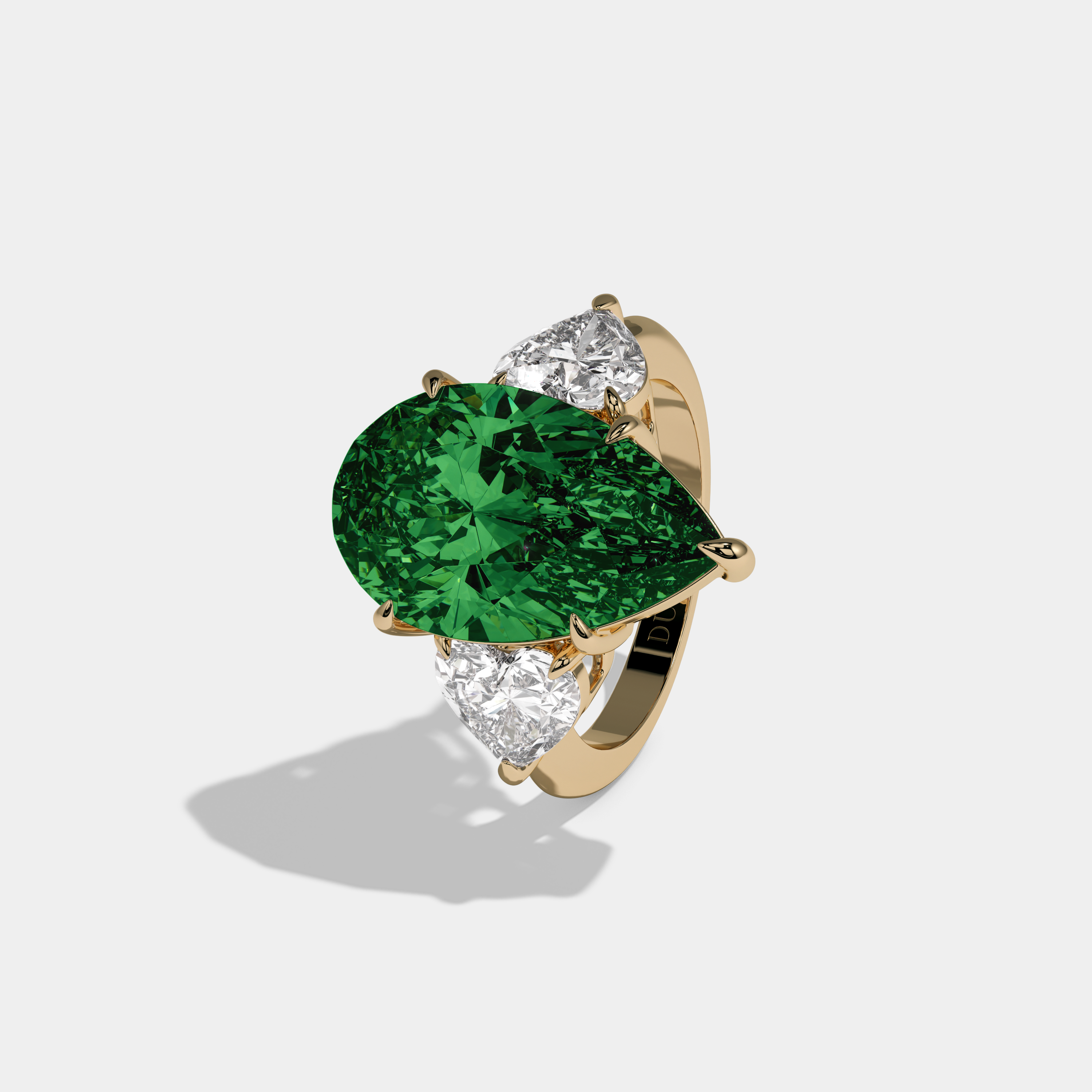 Mary Fancy Dark Green Pear Cut Diamond Plain Band With Heart Cut Sides Engagement Ring 6ct 18K Yellow Gold