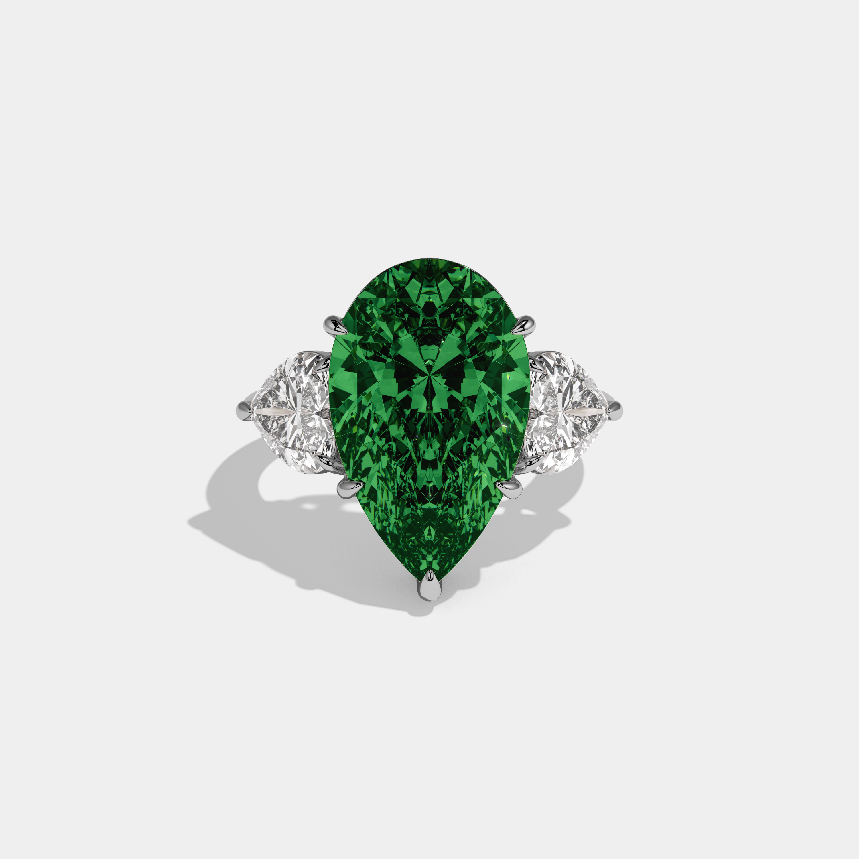 Adelaide Fancy Dark Green Pear Cut Diamond Plain Band With Heart Cut Sides Engagement Ring 6ct 18K White Gold