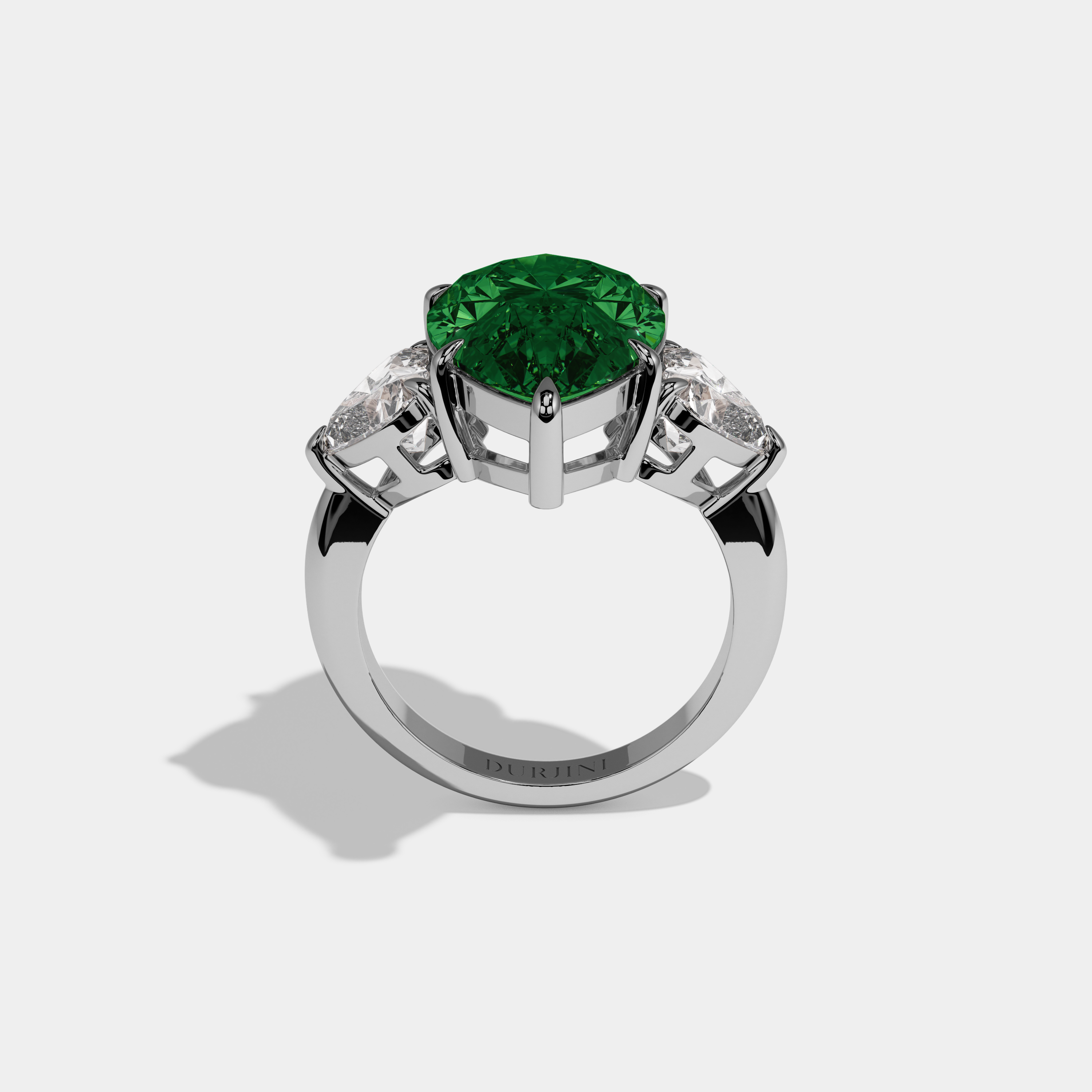 Adelaide Fancy Dark Green Pear Cut Diamond Plain Band With Heart Cut Sides Engagement Ring 6ct 18K White Gold