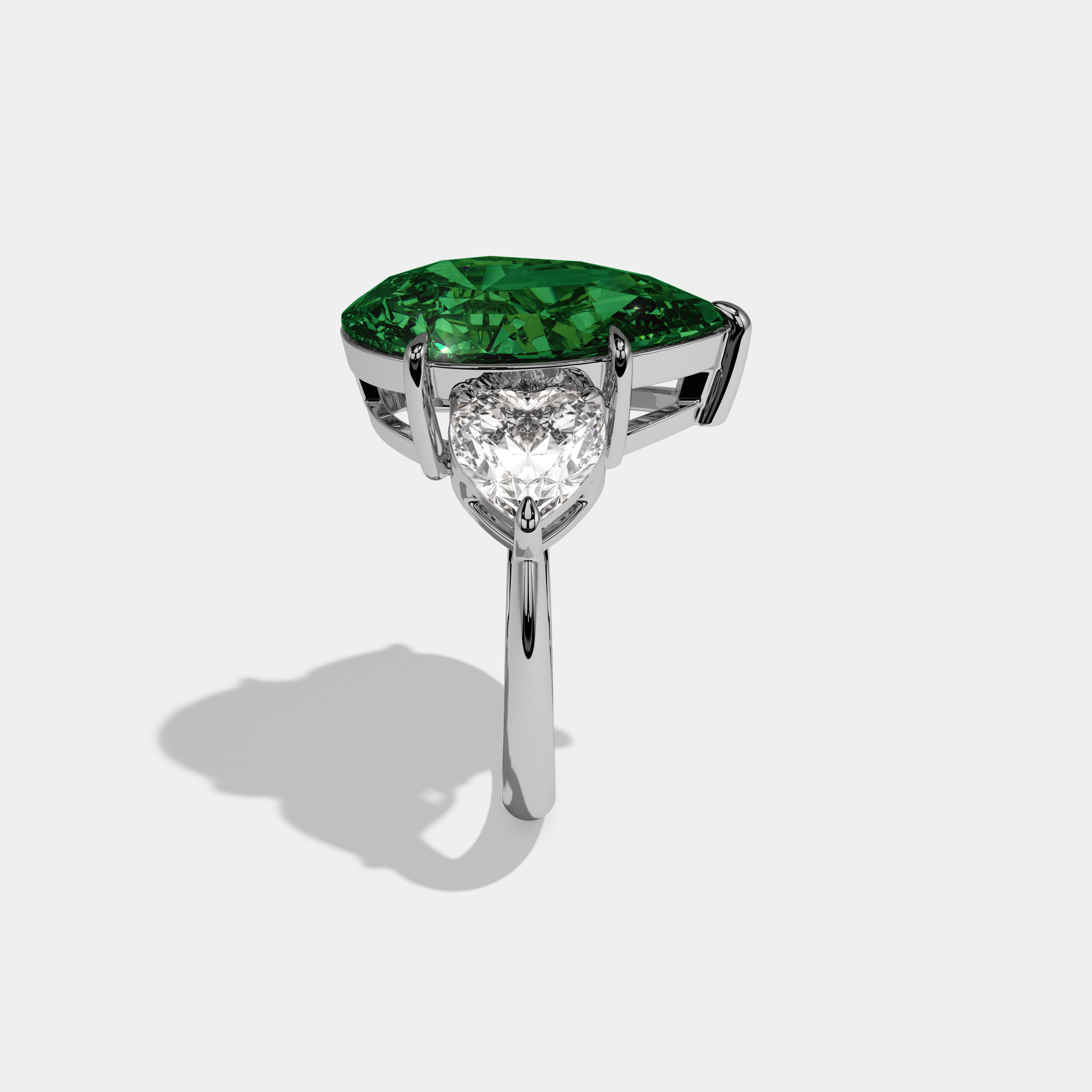 Adelaide Fancy Dark Green Pear Cut Diamond Plain Band With Heart Cut Sides Engagement Ring 6ct 18K White Gold