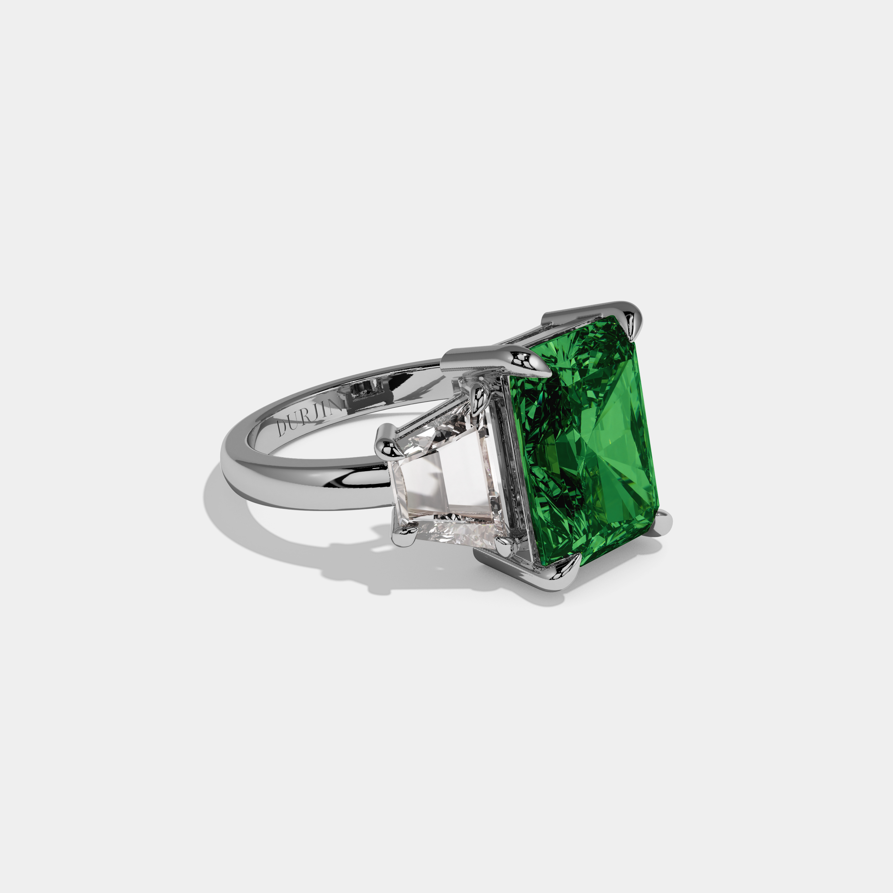 Alexandra Fancy Dark Green Radiant Cut Diamond Plain Band With Step Cut Sides Engagement Ring 8ct 18K White Gold