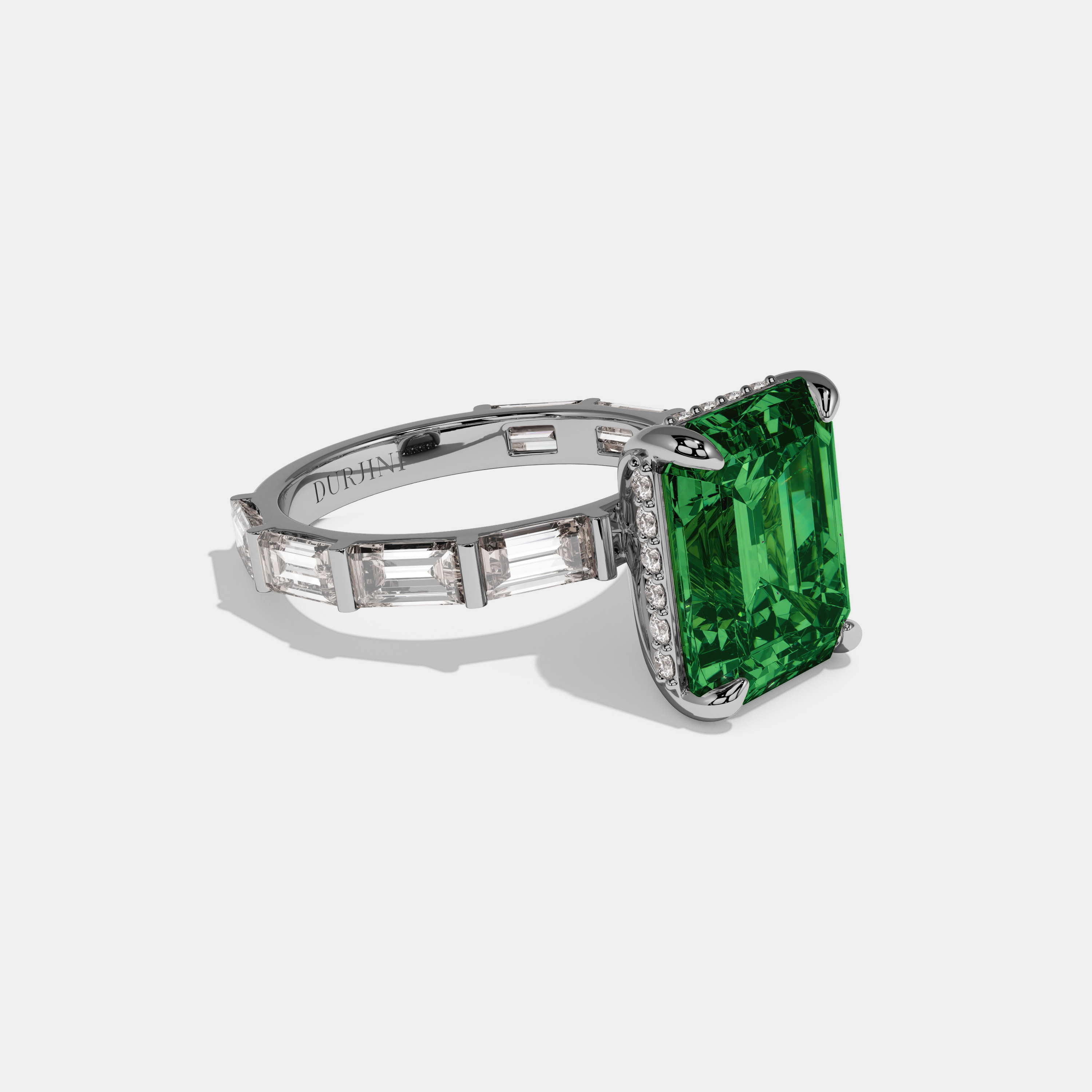 Alexandra Fancy Dark Green Emerald Cut Diamond Emerald Band Engagement Ring 7ct 18K White Gold