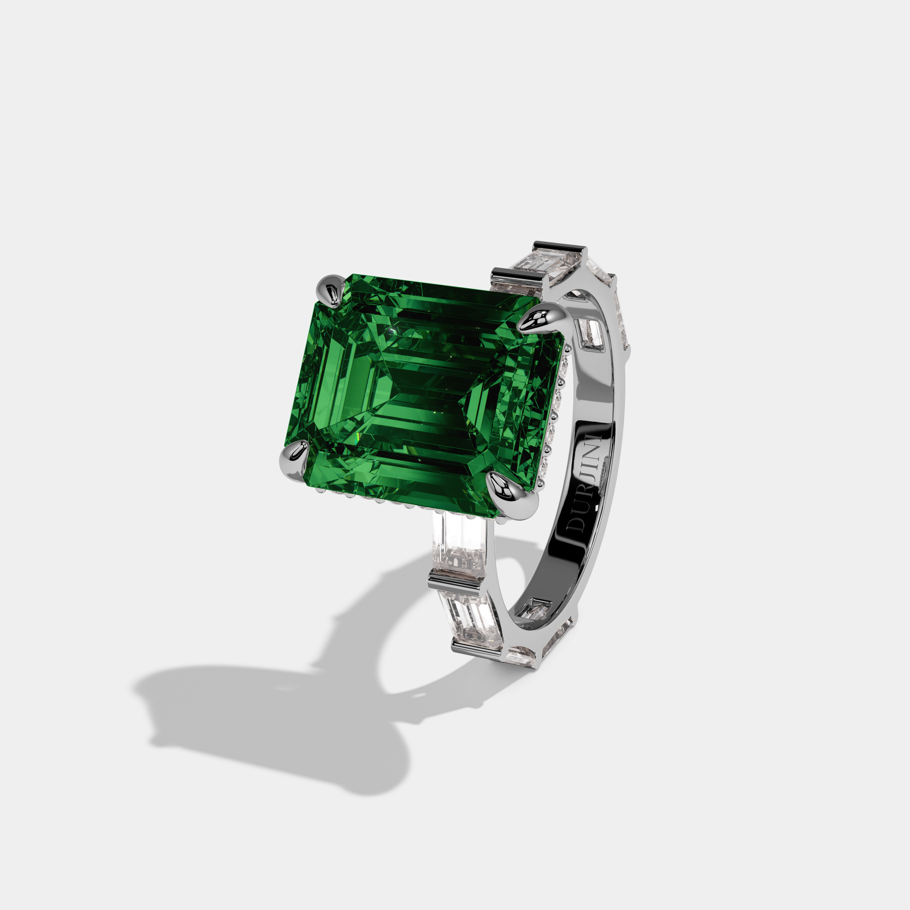Alexandra Fancy Dark Green Emerald Cut Diamond Emerald Band Engagement Ring 7ct 18K White Gold