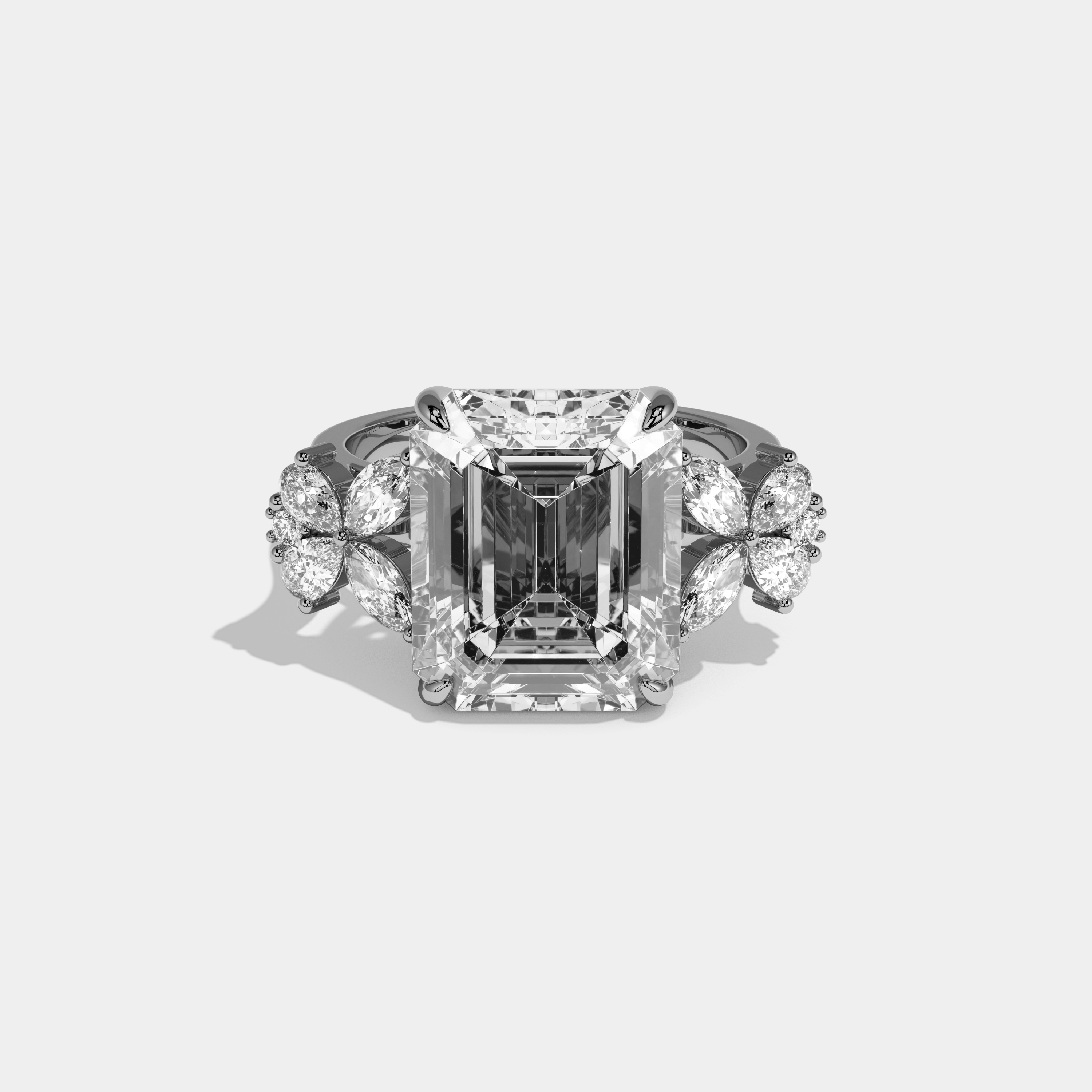 Noemi Emerald Cut Diamond Halo With Butterfly Side Diamond Band Engagement Ring 10ct 18k White Gold