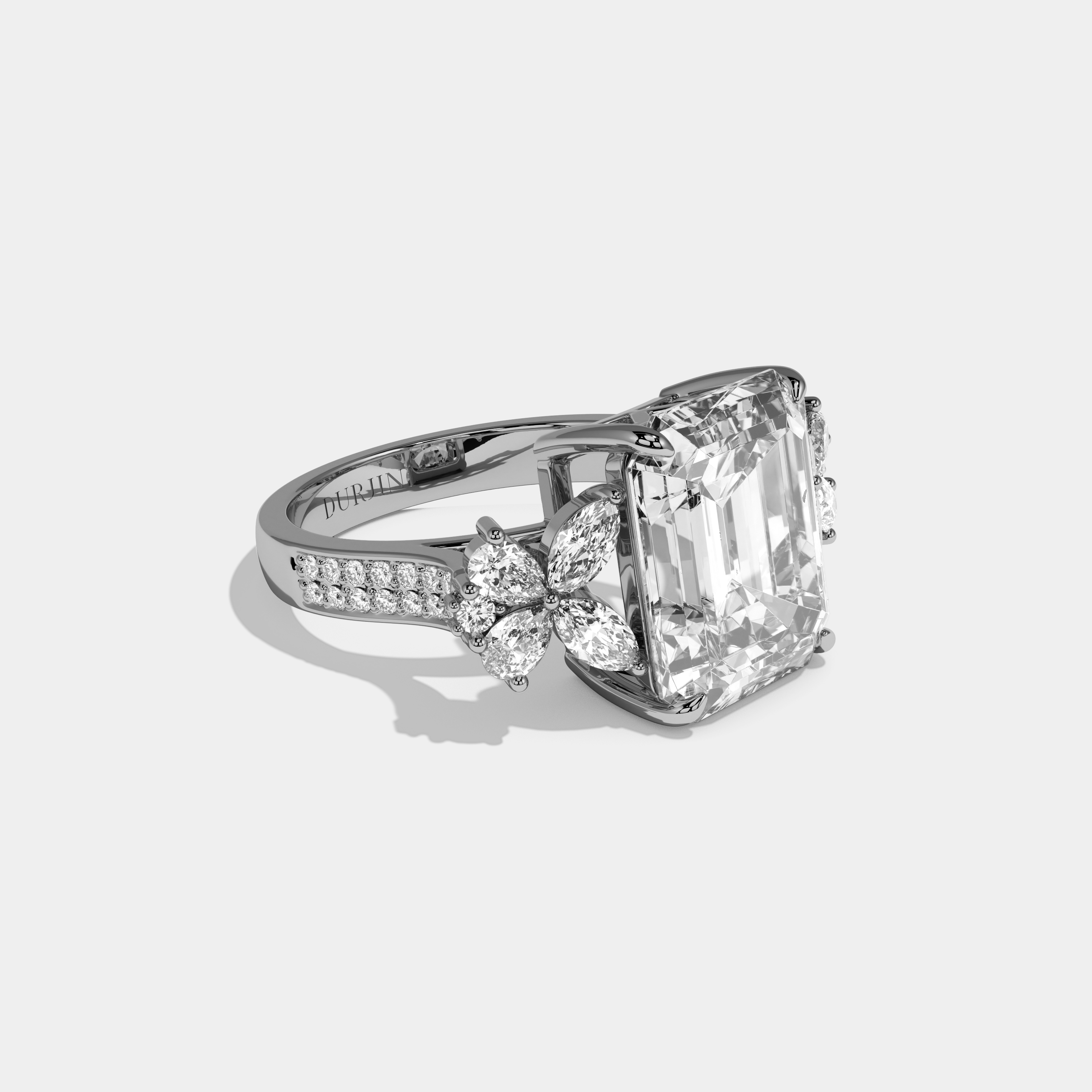 Noemi Emerald Cut Diamond Halo With Butterfly Side Diamond Band Engagement Ring 10ct 18k White Gold
