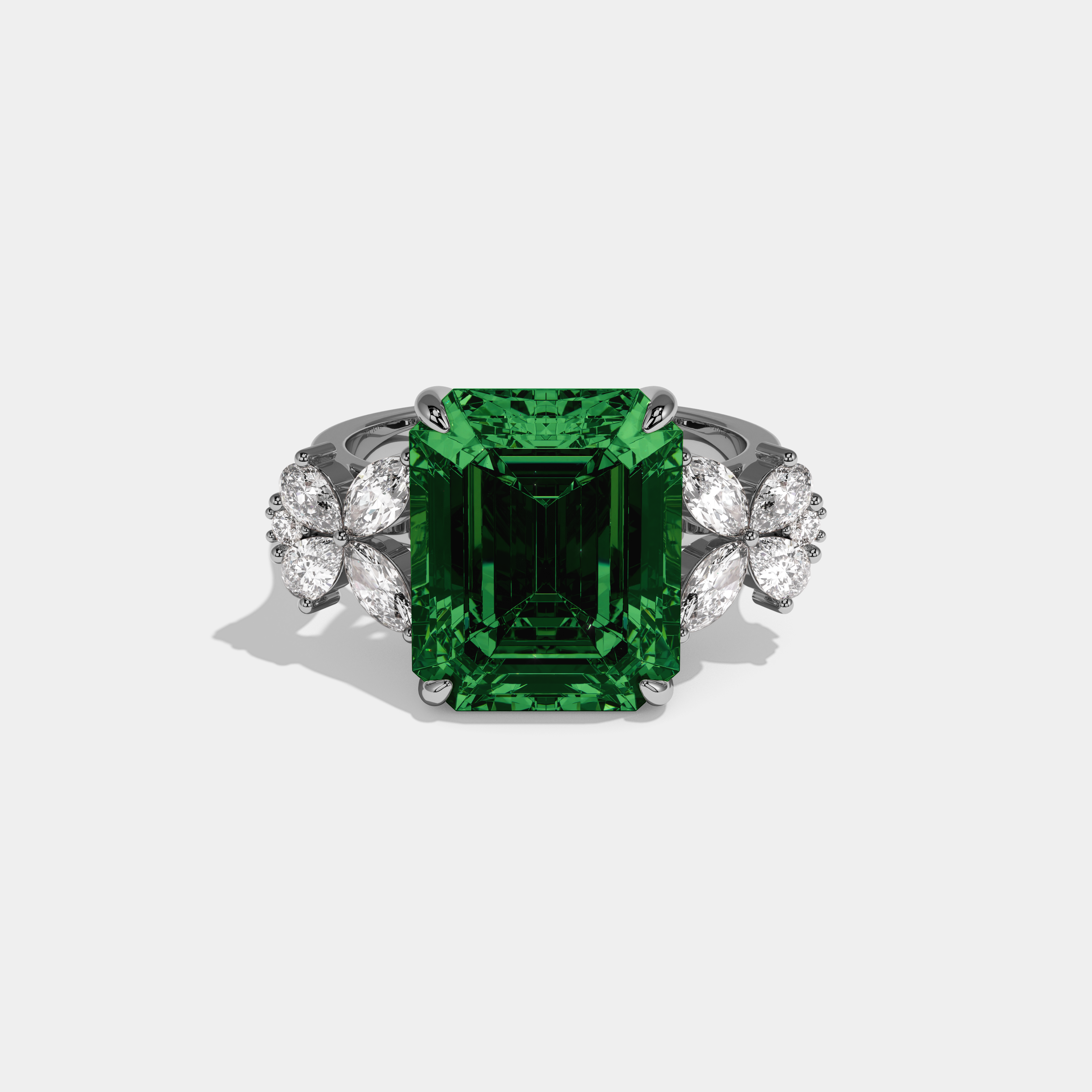 Alexandra Fancy Dark Green Emerald Cut Diamond Band Engagement Ring With Butterfly Sides 9ct 18K White Gold