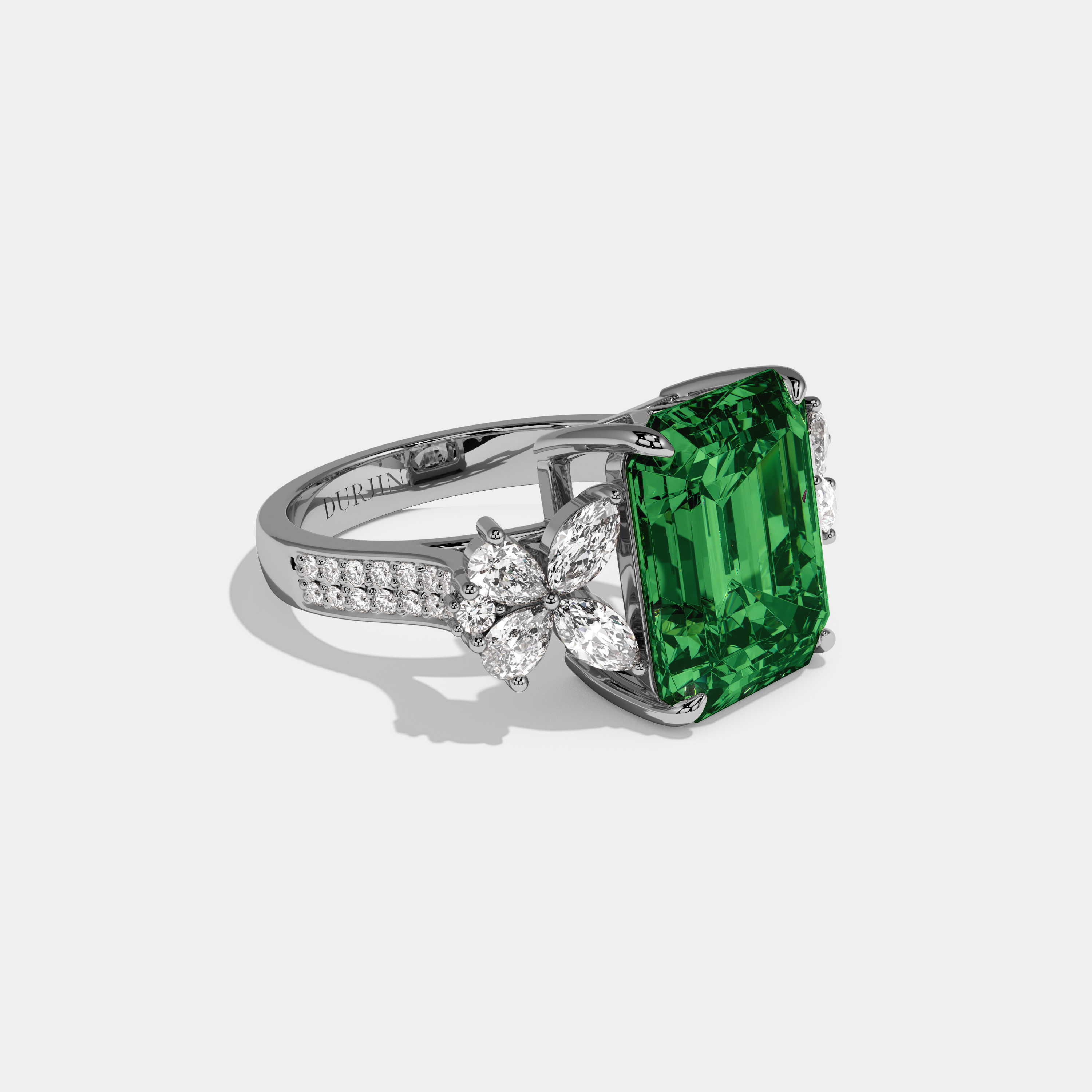Alexandra Fancy Dark Green Emerald Cut Diamond Band Engagement Ring With Butterfly Sides 9ct 18K White Gold