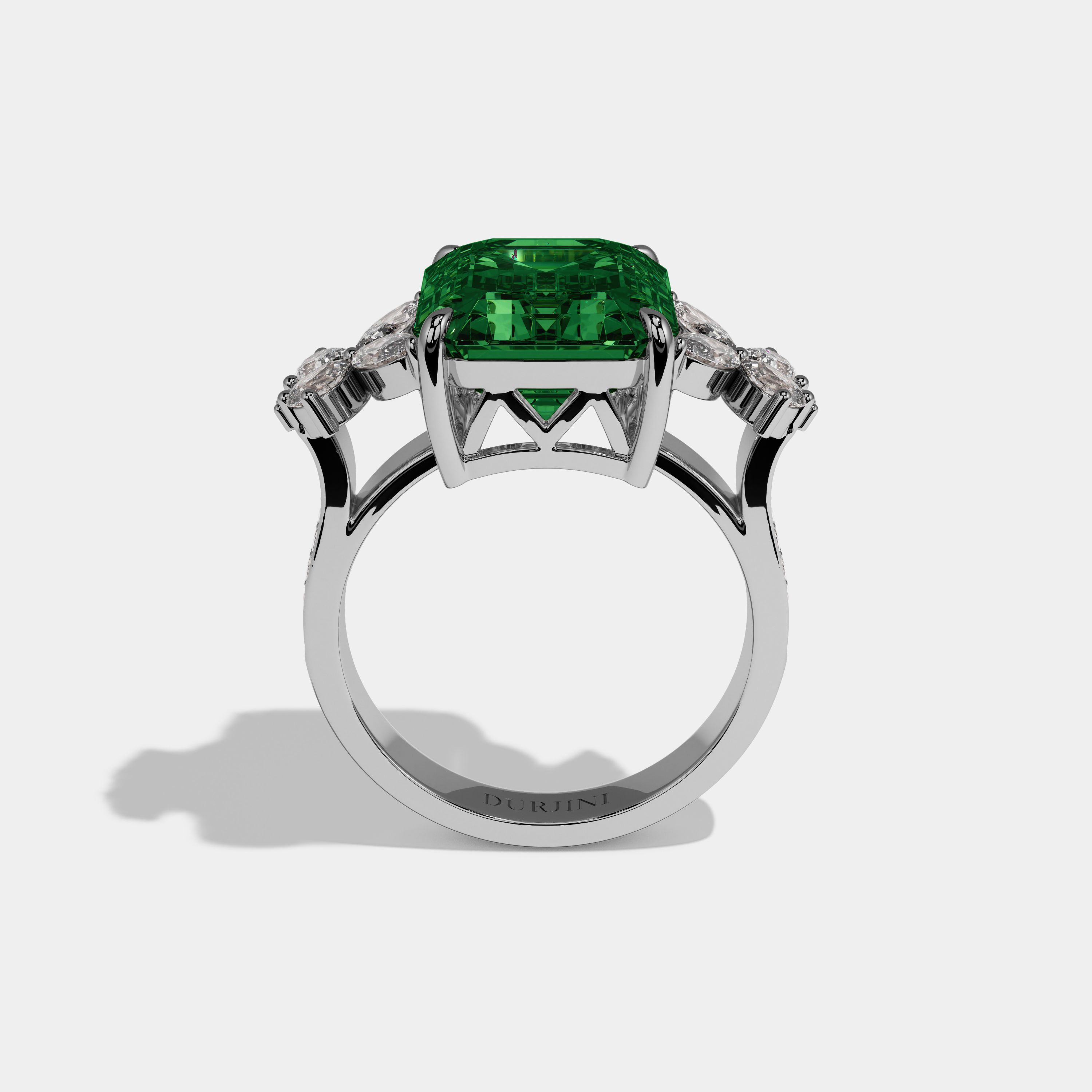 Alexandra Fancy Dark Green Emerald Cut Diamond Band Engagement Ring With Butterfly Sides 9ct 18K White Gold