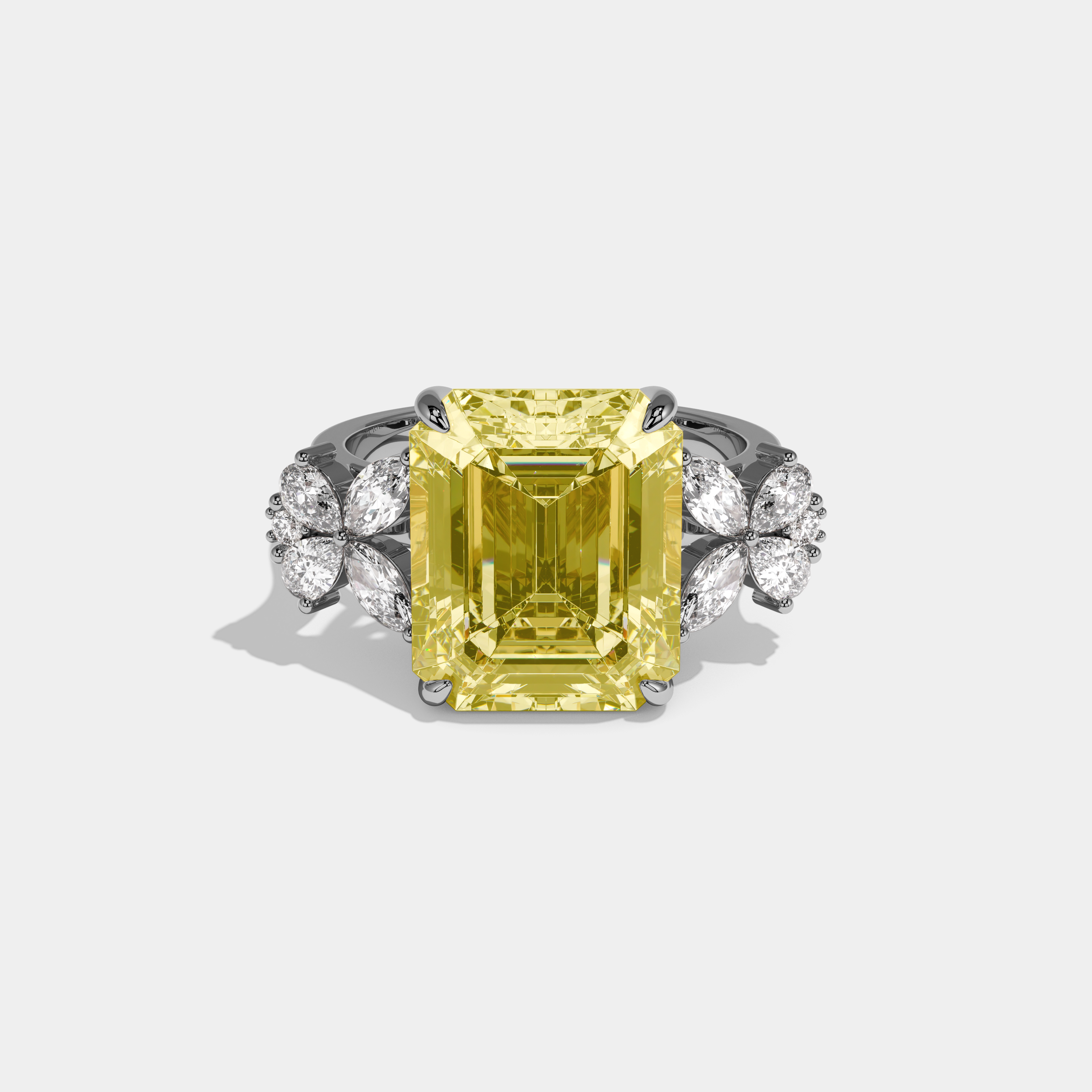 Noemi Fancy Yellow Emerald Cut Diamond Halo With Butterfly Side Diamond Band Engagement Ring 10ct 18k White Gold