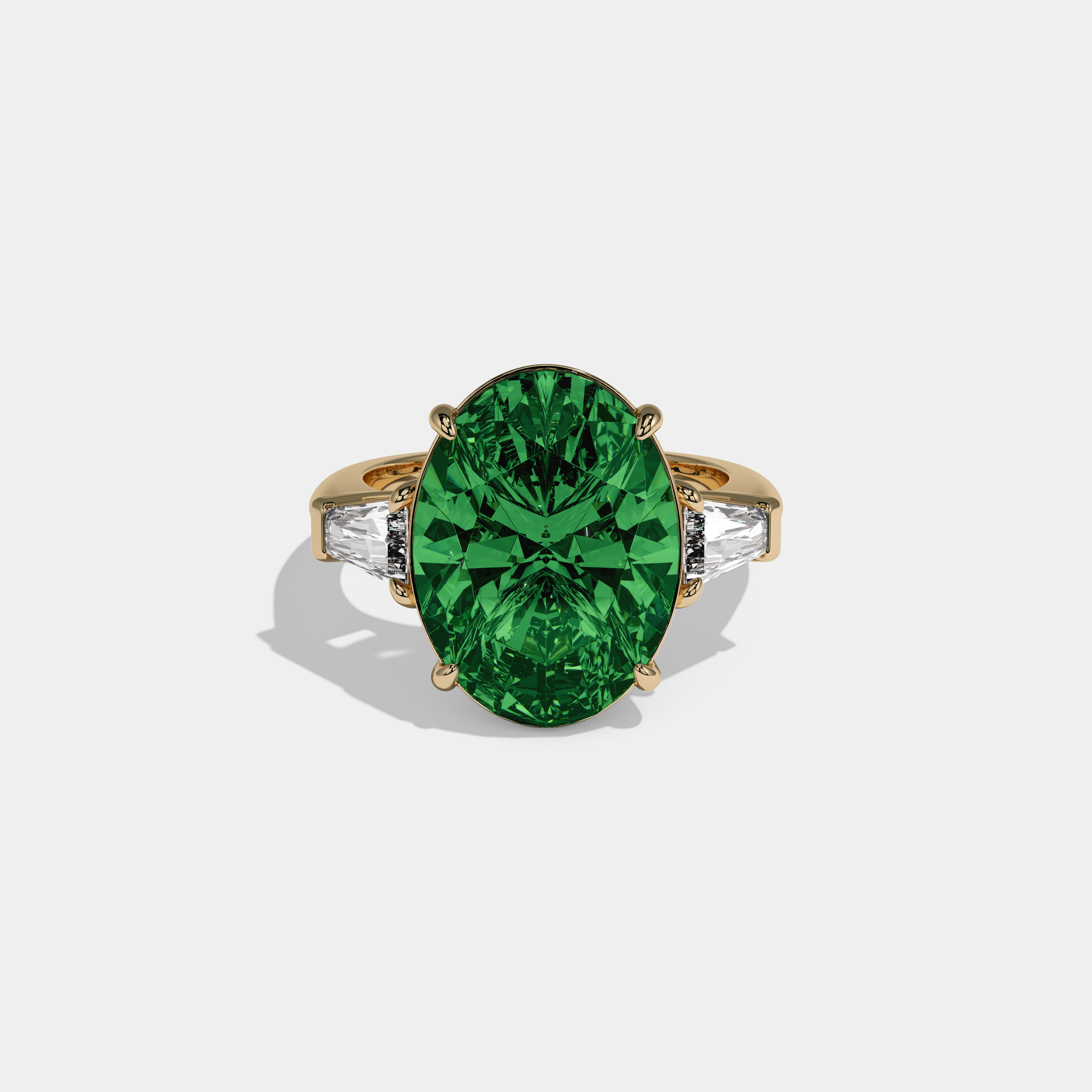 Alice Fancy Dark Green Oval Cut Diamond Plain Band With Tapered Baguette Cut Sides Engagement Ring 8ct 18K Yellow Gold