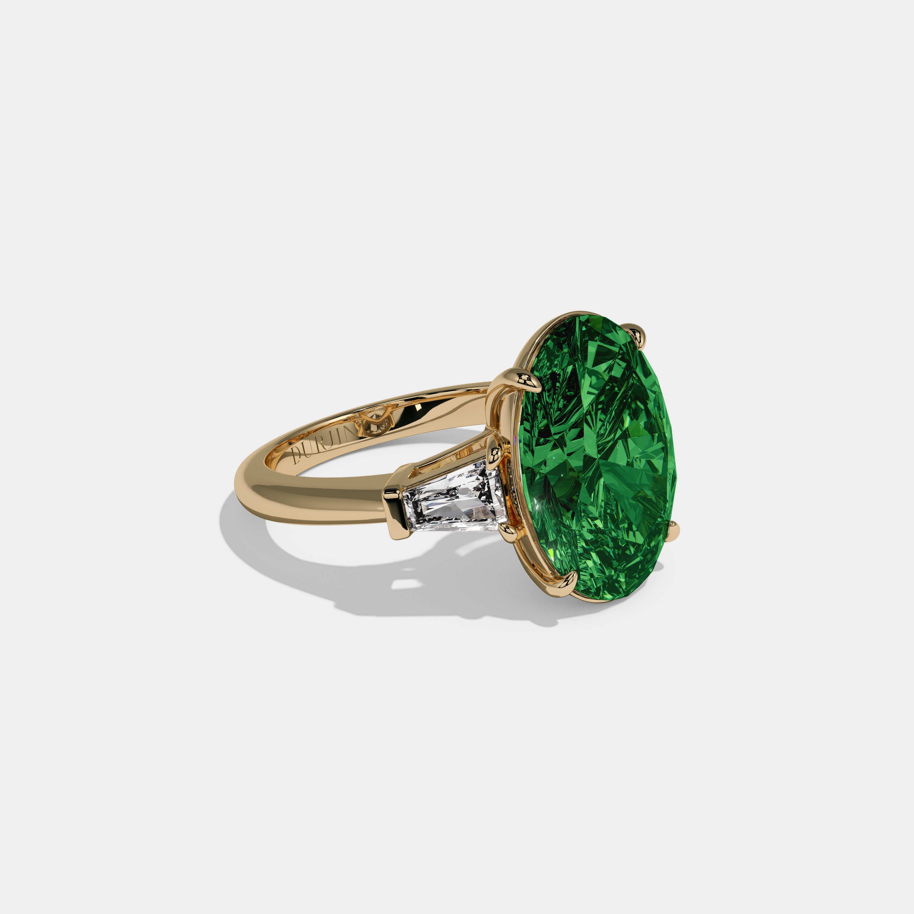 Alice Fancy Dark Green Oval Cut Diamond Plain Band With Tapered Baguette Cut Sides Engagement Ring 8ct 18K Yellow Gold