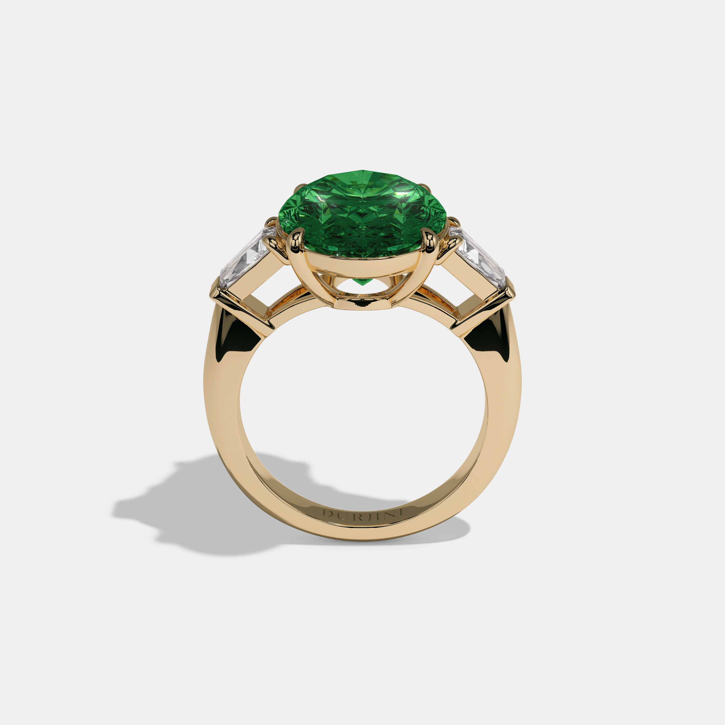 Alice Fancy Dark Green Oval Cut Diamond Plain Band With Tapered Baguette Cut Sides Engagement Ring 8ct 18K Yellow Gold