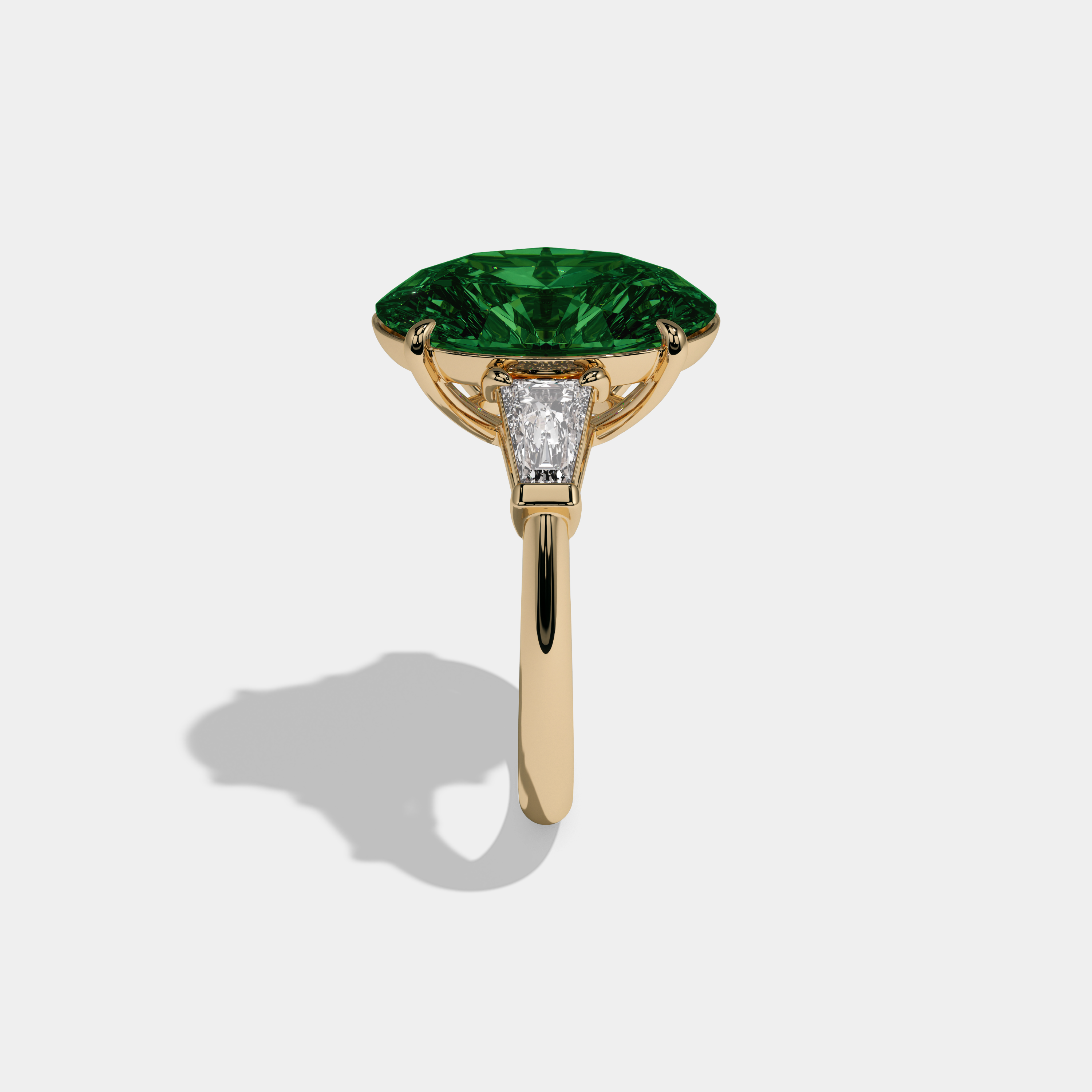 Alice Fancy Dark Green Oval Cut Diamond Plain Band With Tapered Baguette Cut Sides Engagement Ring 8ct 18K Yellow Gold