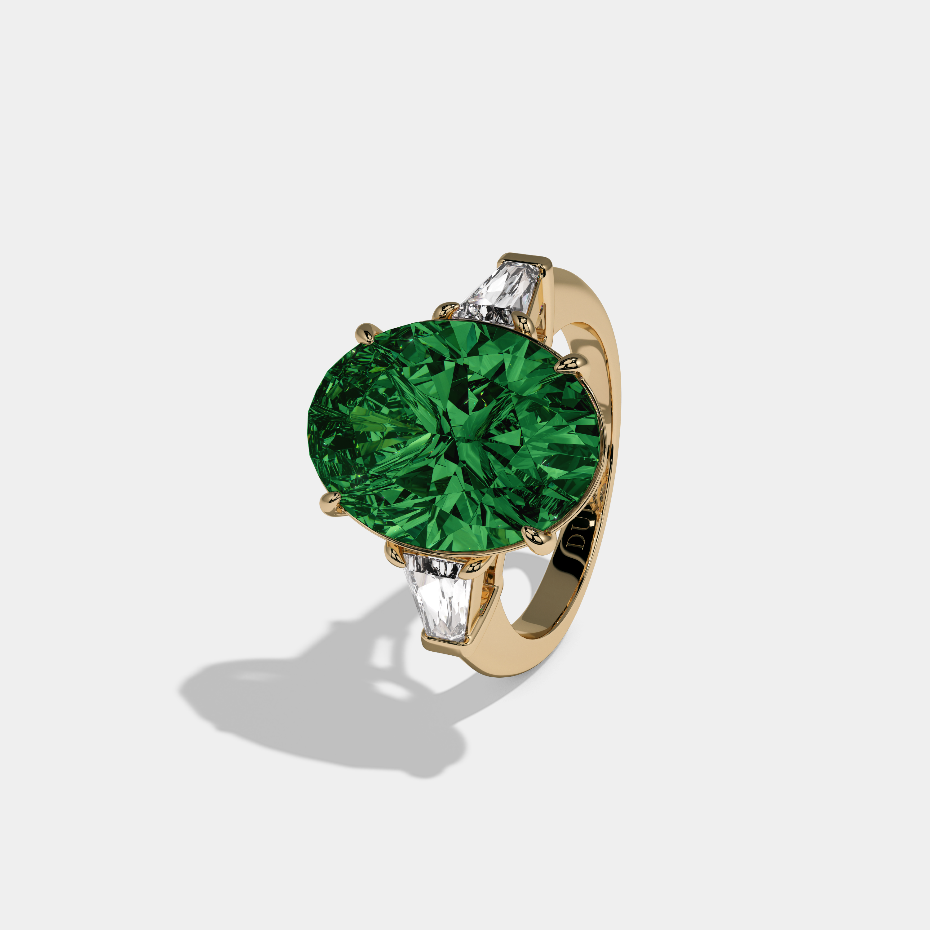 Alice Fancy Dark Green Oval Cut Diamond Plain Band With Tapered Baguette Cut Sides Engagement Ring 8ct 18K Yellow Gold