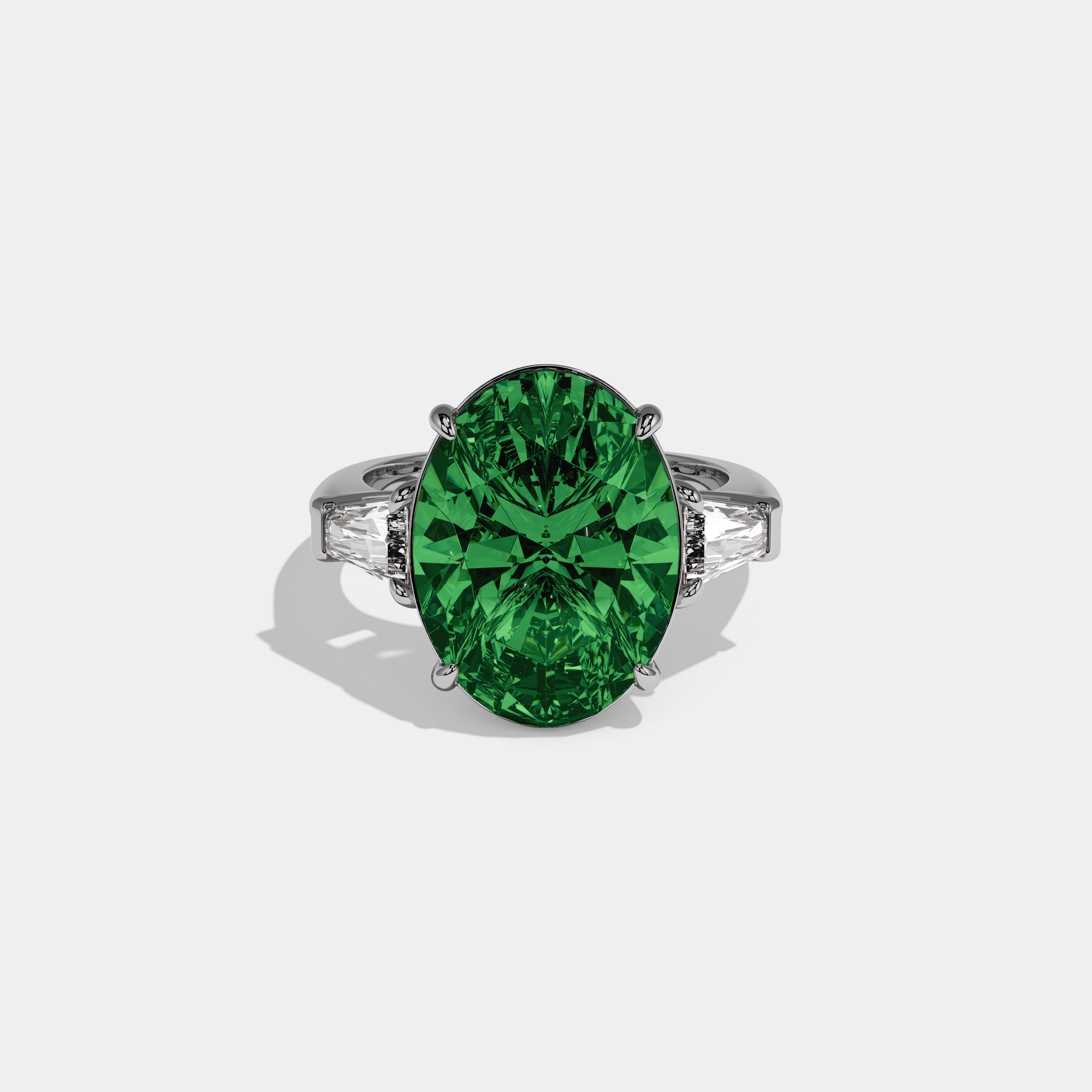 Alexandra Fancy Dark Green Oval Cut Diamond Plain Band With Tapered Baguette Cut Sides Engagement Ring 8ct 18K White Gold