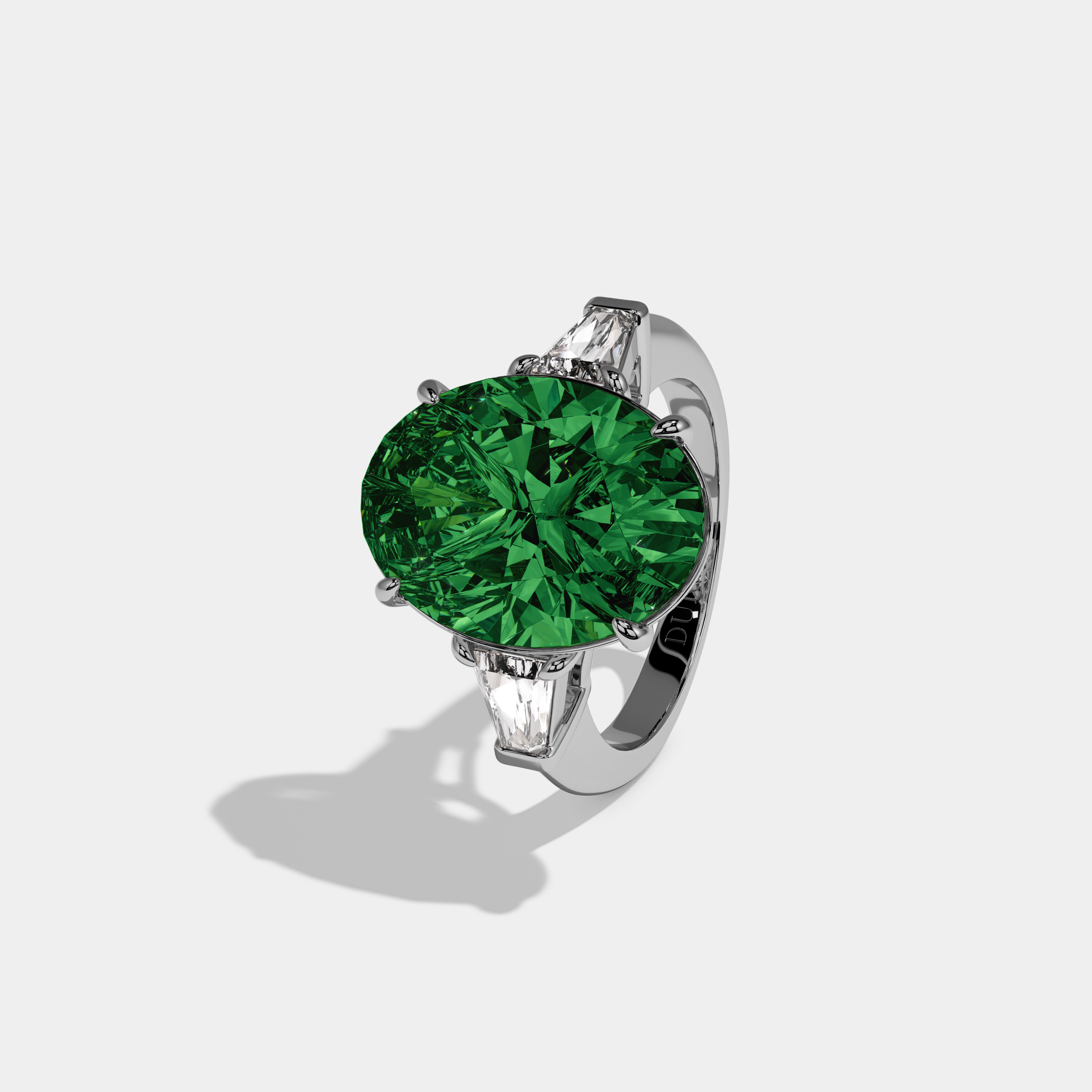 Alexandra Fancy Dark Green Oval Cut Diamond Plain Band With Tapered Baguette Cut Sides Engagement Ring 8ct 18K White Gold