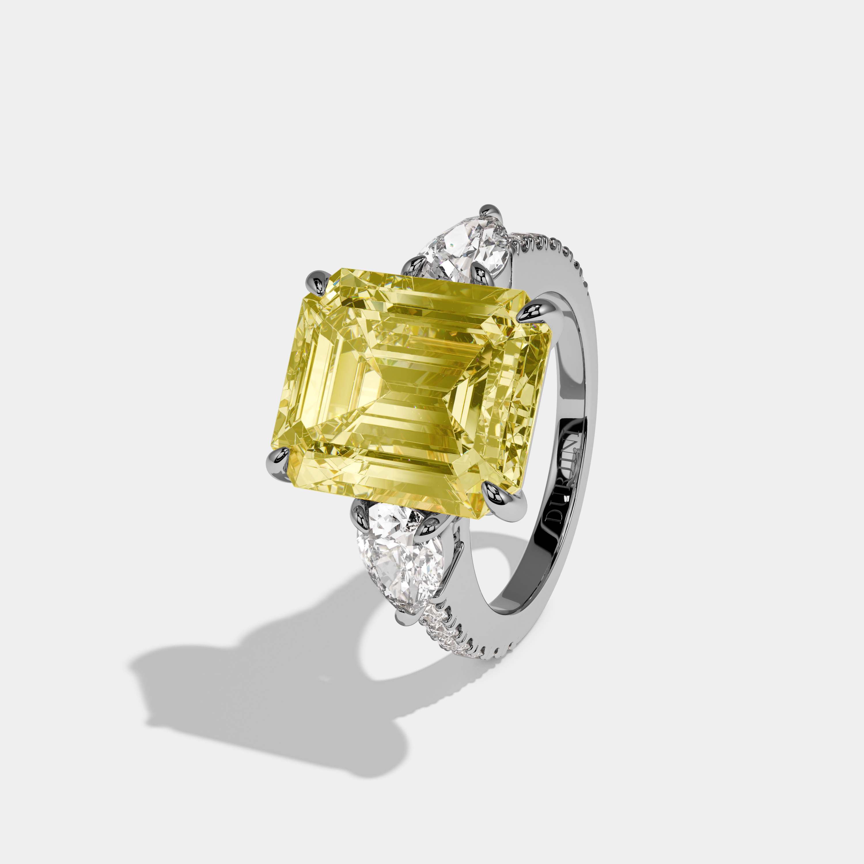 Savannah Fancy Yellow Emerald Cut Diamond Halo with Pear Sides Engagement Ring 10ct 18k White Gold