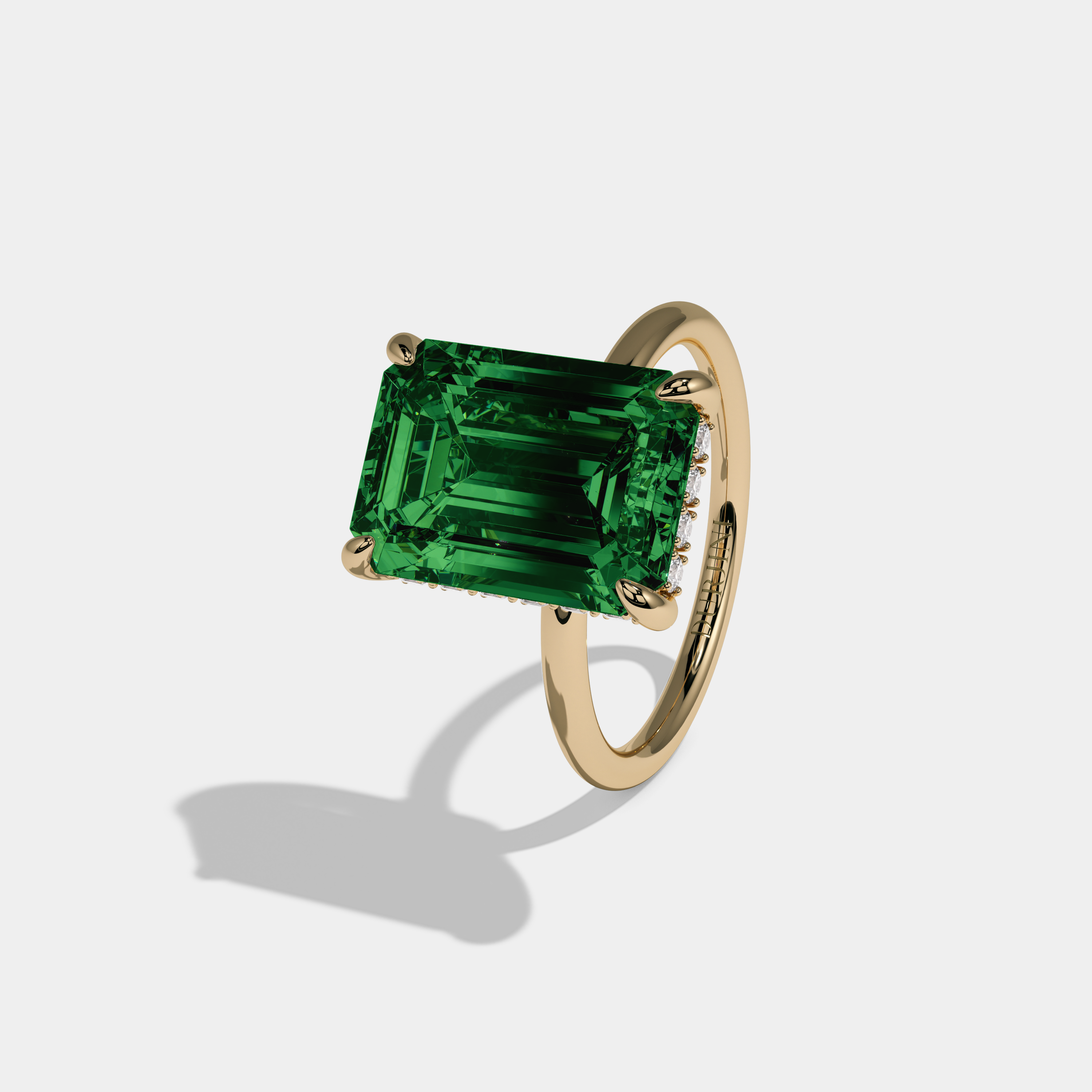 Eugenie Fancy Dark Green Emerald Brilliant Cut Diamond Plain Band With Hidden Halo 6.5ct 18K Yellow Gold