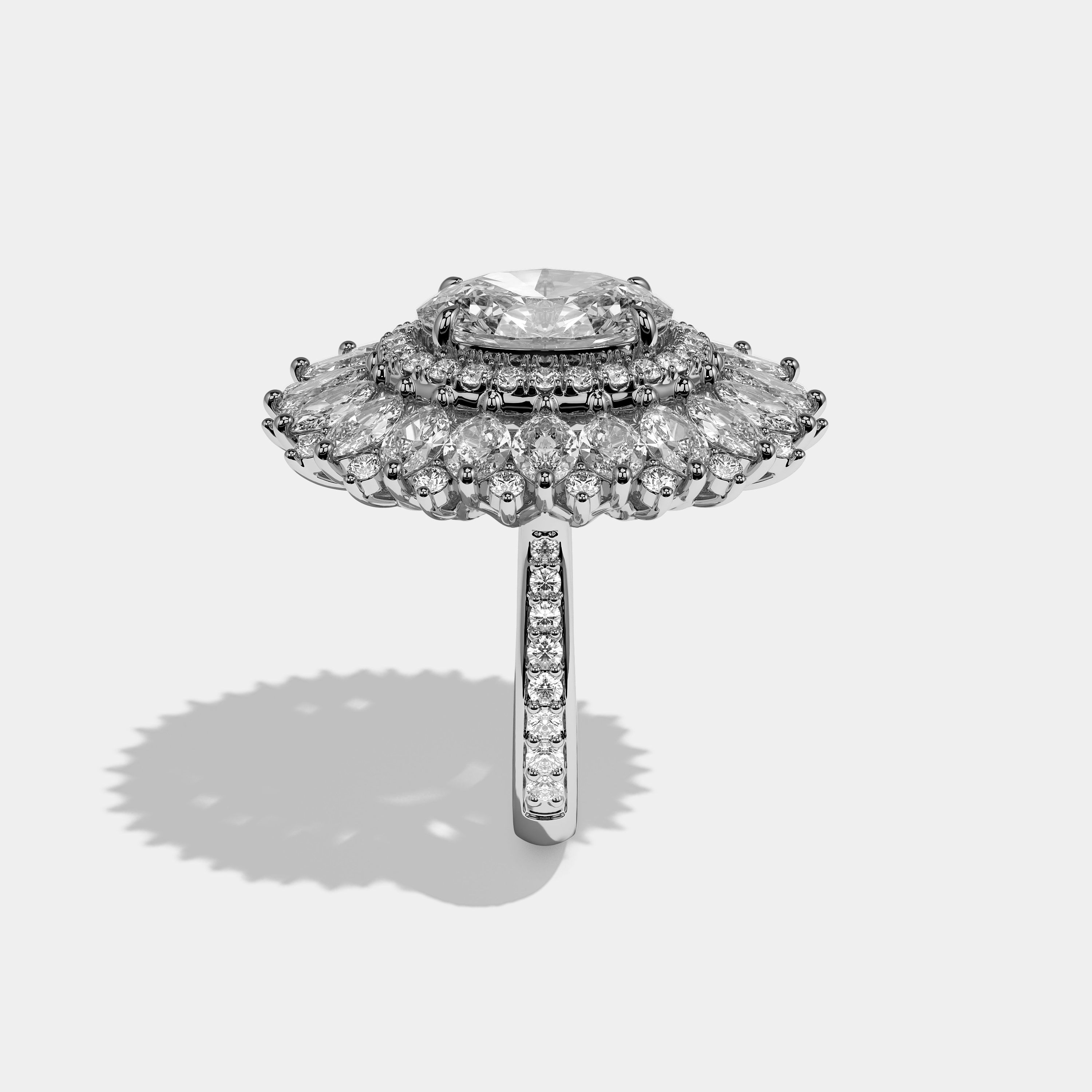 Florence Eclat oval brilliant halo diamond engagement ring in 18K white gold by Kurbãni Durjini, side view