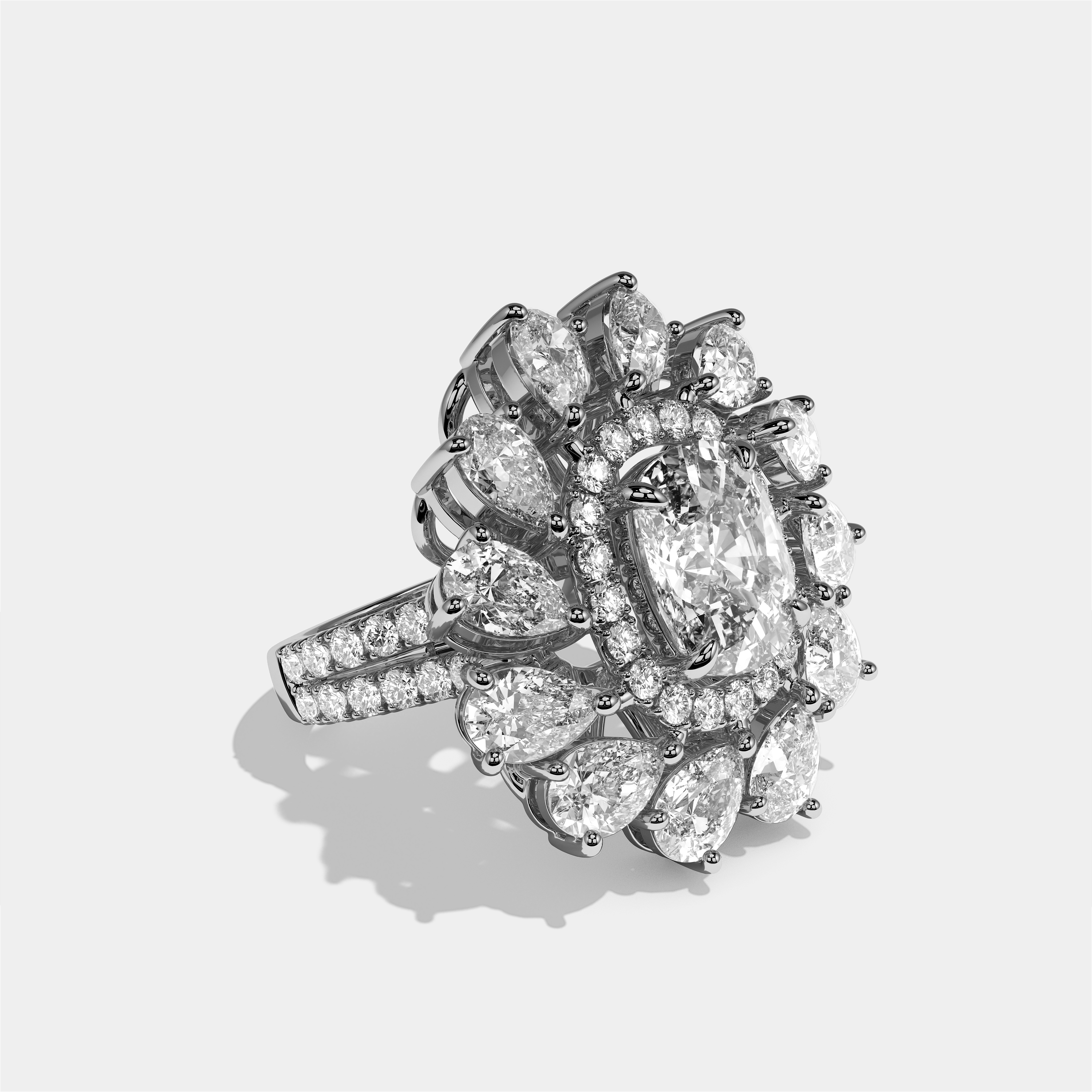 Beatrice cushion halo diamond engagement ring in 18K white gold by Kurbãni Durjini, right view