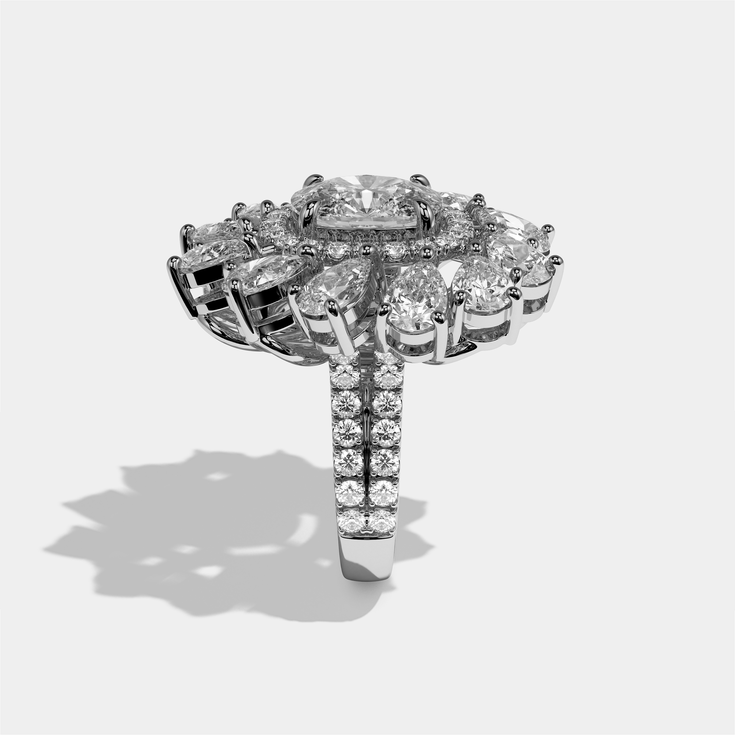 Beatrice cushion halo diamond engagement ring in 18K white gold by Kurbãni Durjini, side view