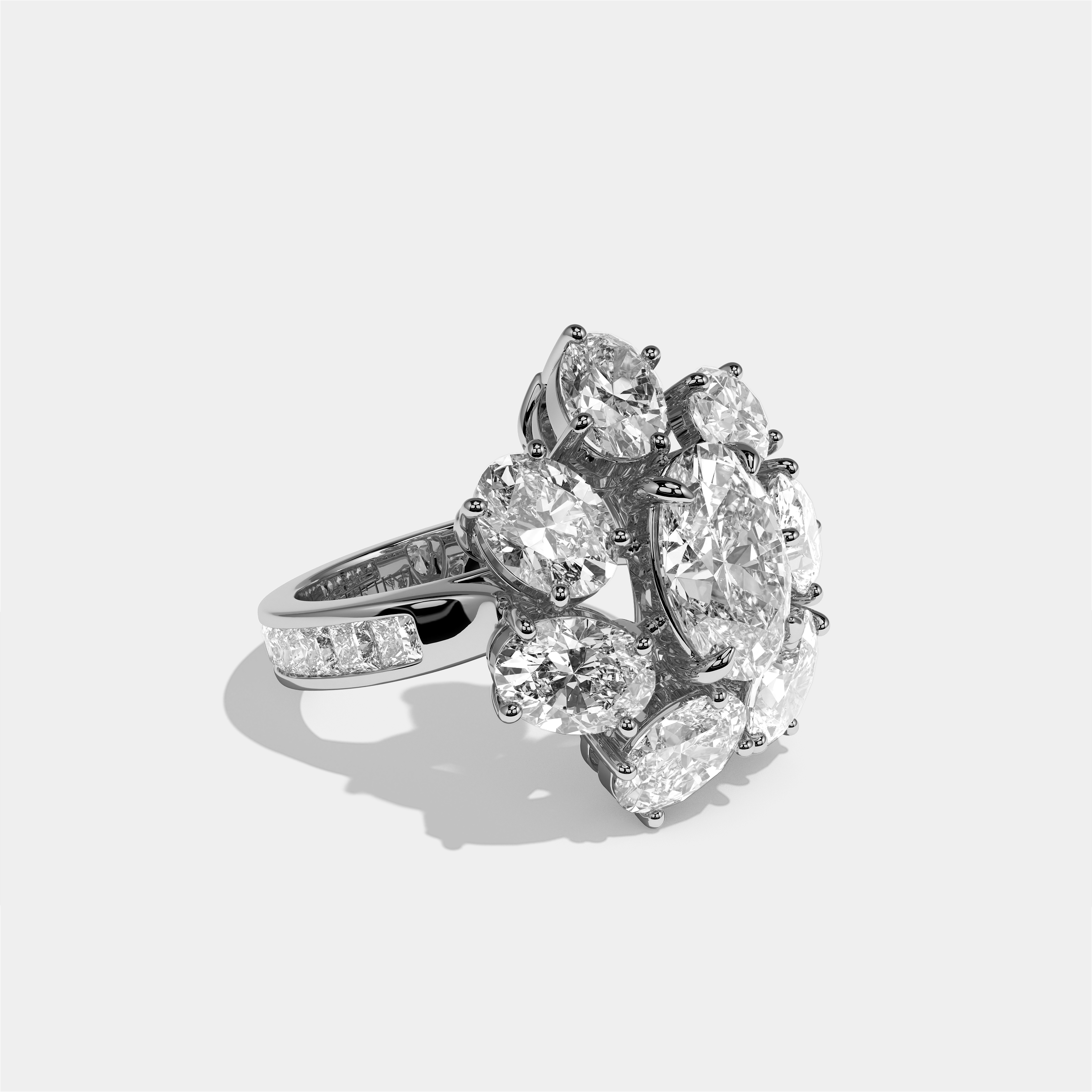 Edith Elan oval halo diamond engagement ring in 18K white gold by Kurbãni Durjini, right view