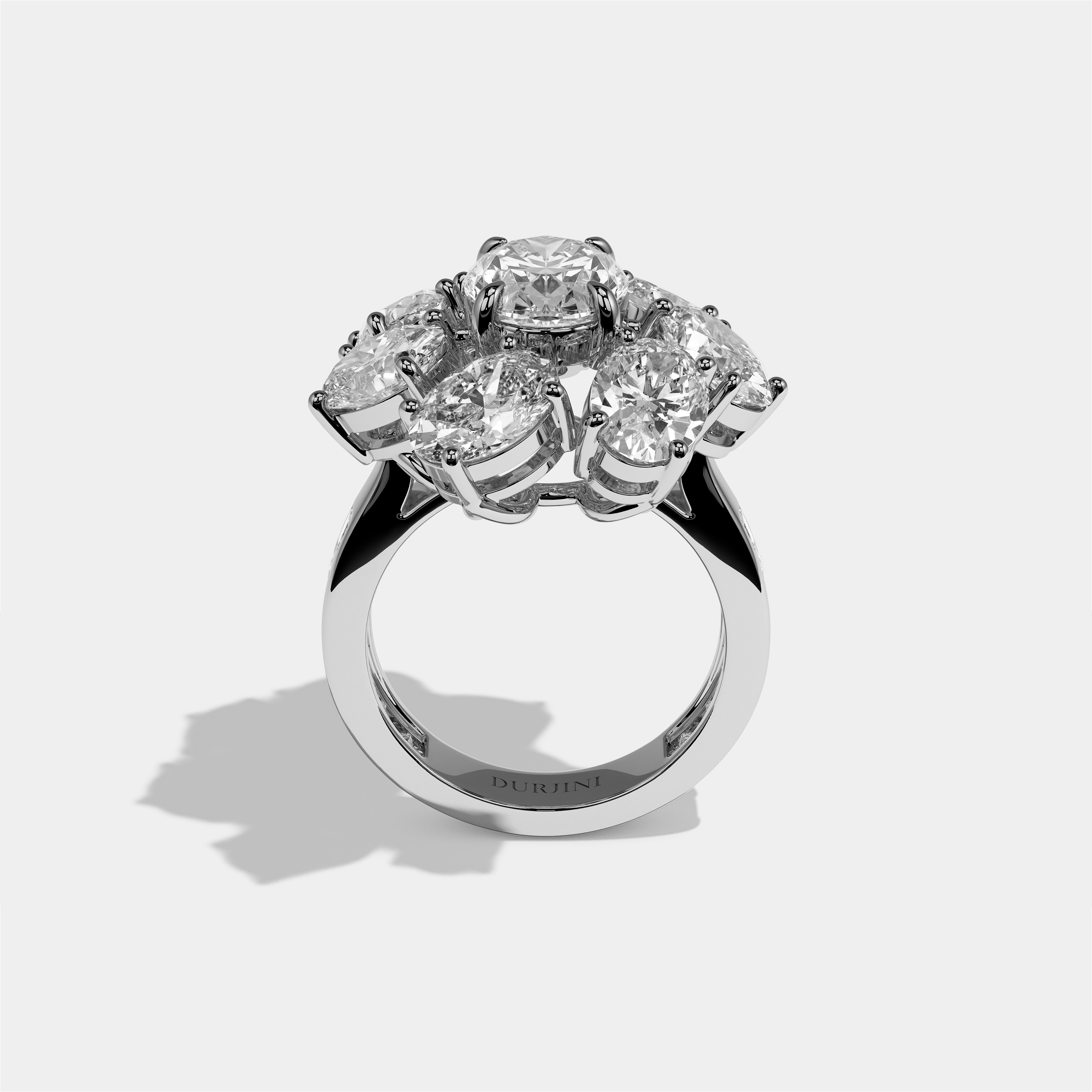 Edith Elan oval halo diamond engagement ring in 18K white gold by Kurbãni Durjini, full view