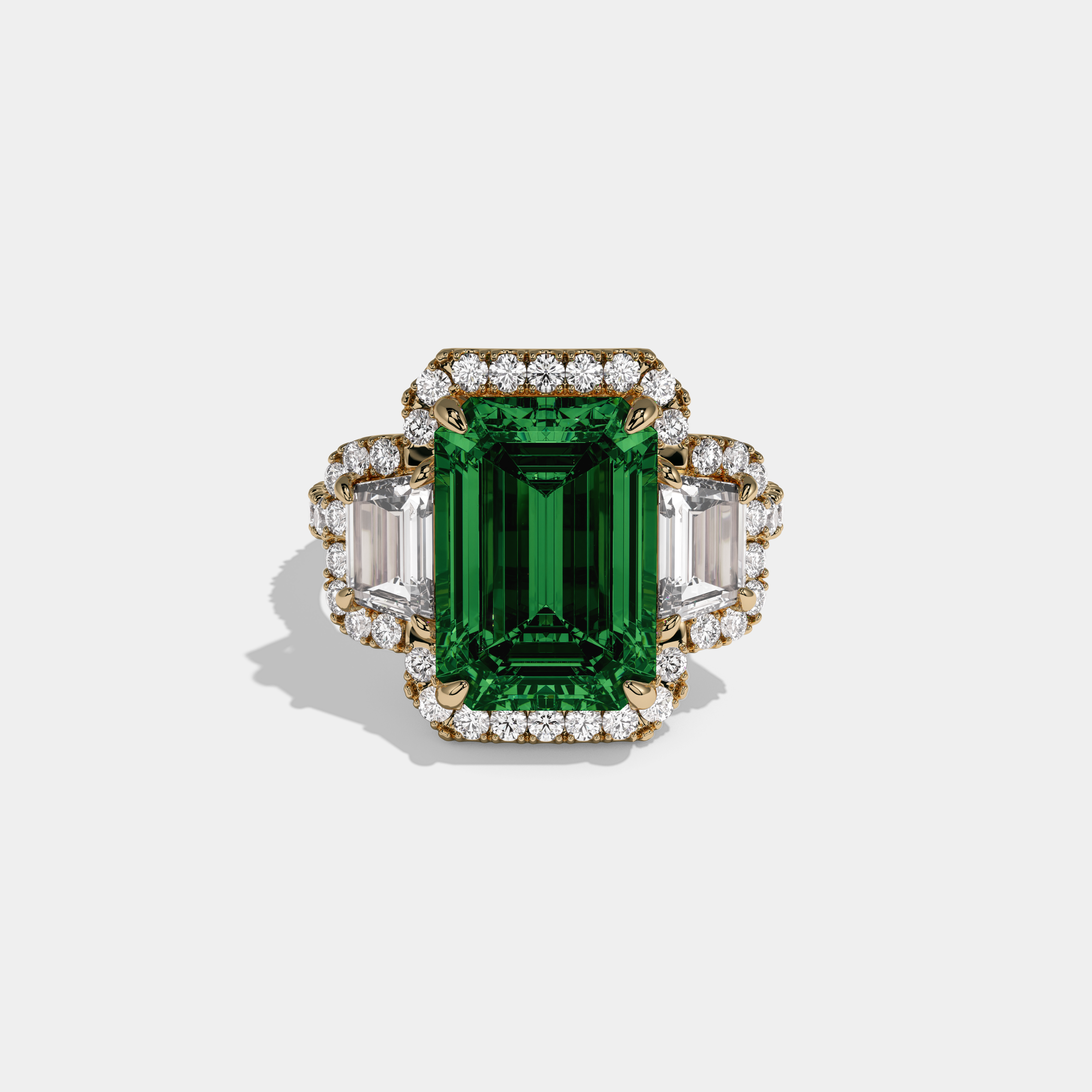 Eugenie Fancy Dark Green Emerald Cut Diamond Band With Halo Engagement Ring 8ct 18K Yellow Gold