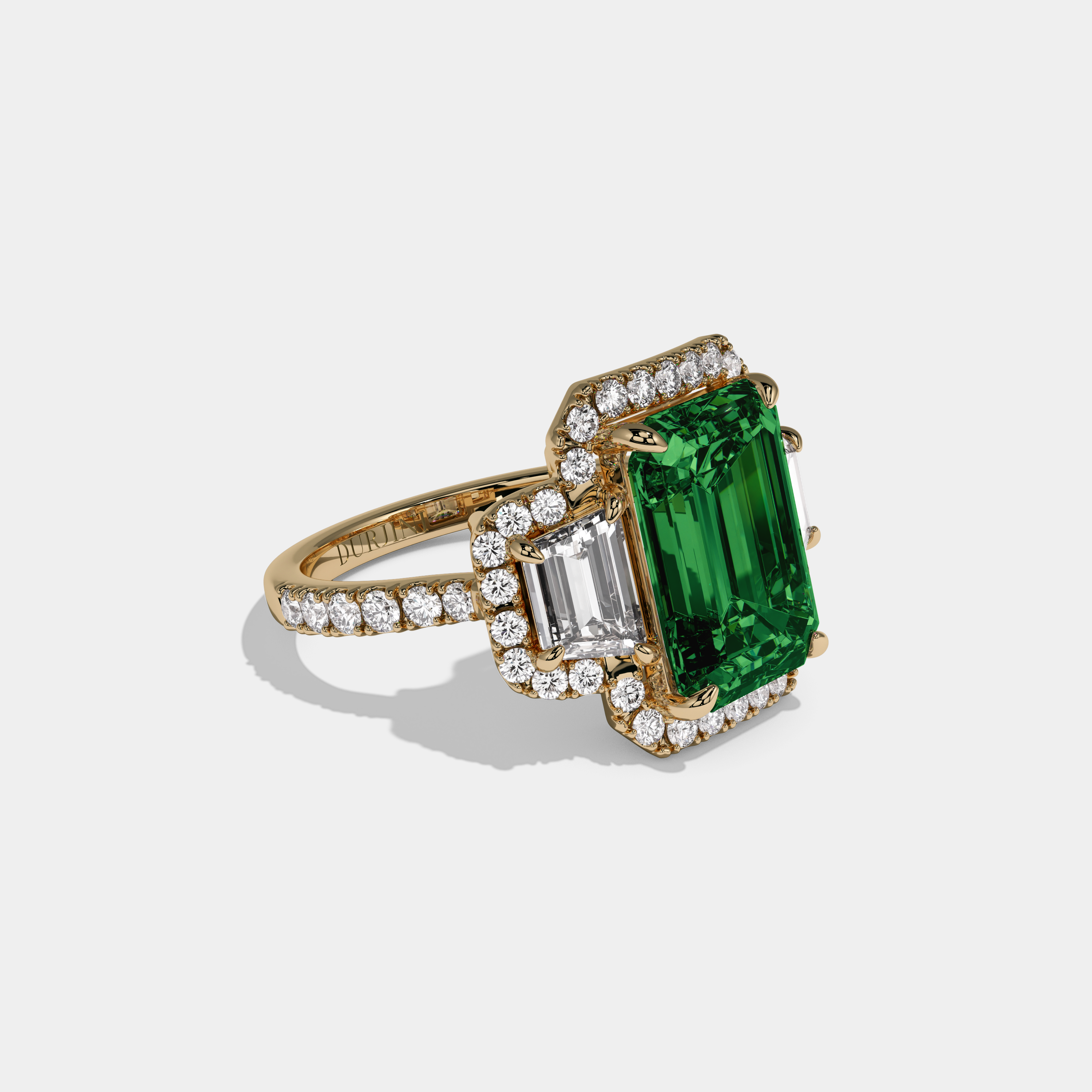 Eugenie Fancy Dark Green Emerald Cut Diamond Band With Halo Engagement Ring 8ct 18K Yellow Gold