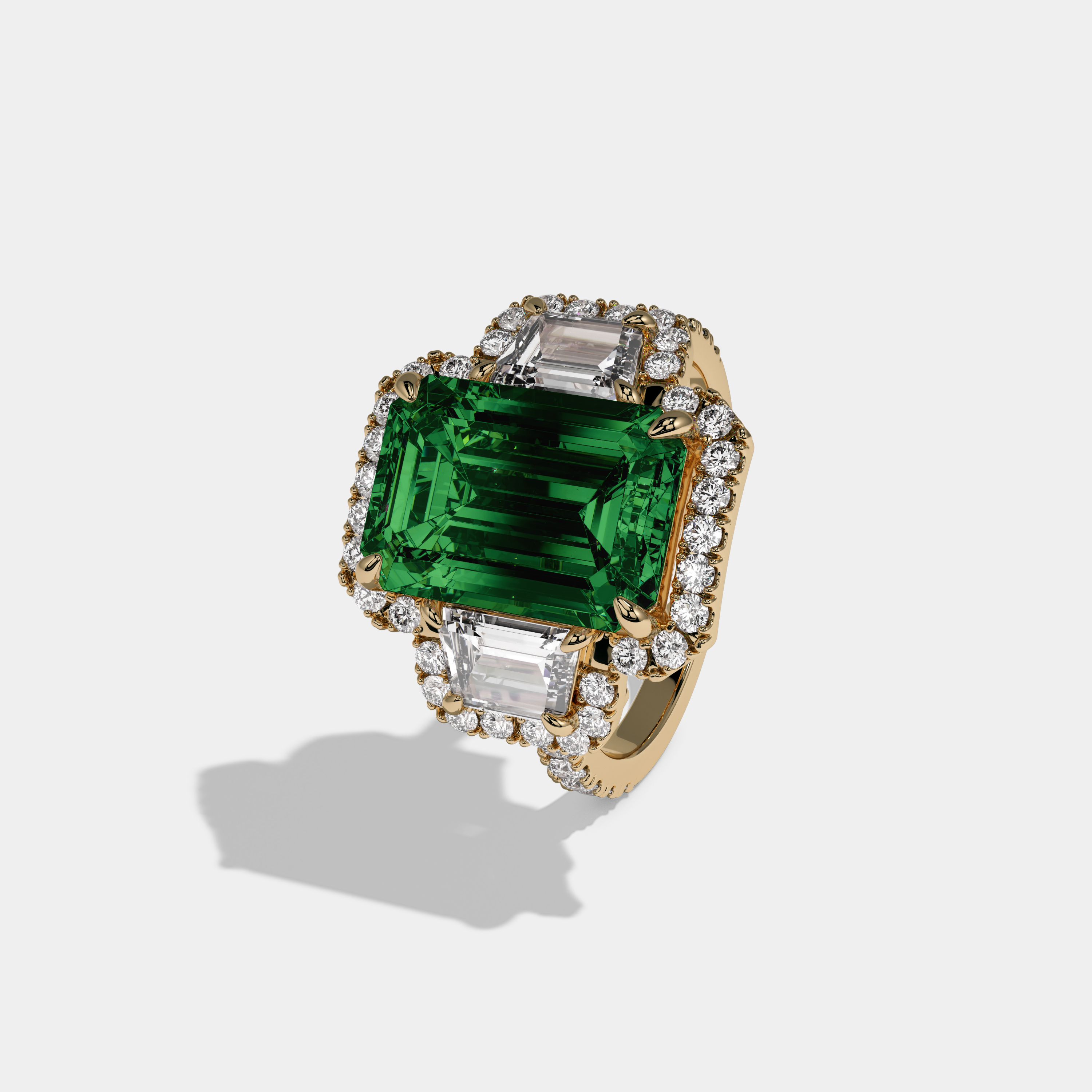 Eugenie Fancy Dark Green Emerald Cut Diamond Band With Halo Engagement Ring 8ct 18K Yellow Gold