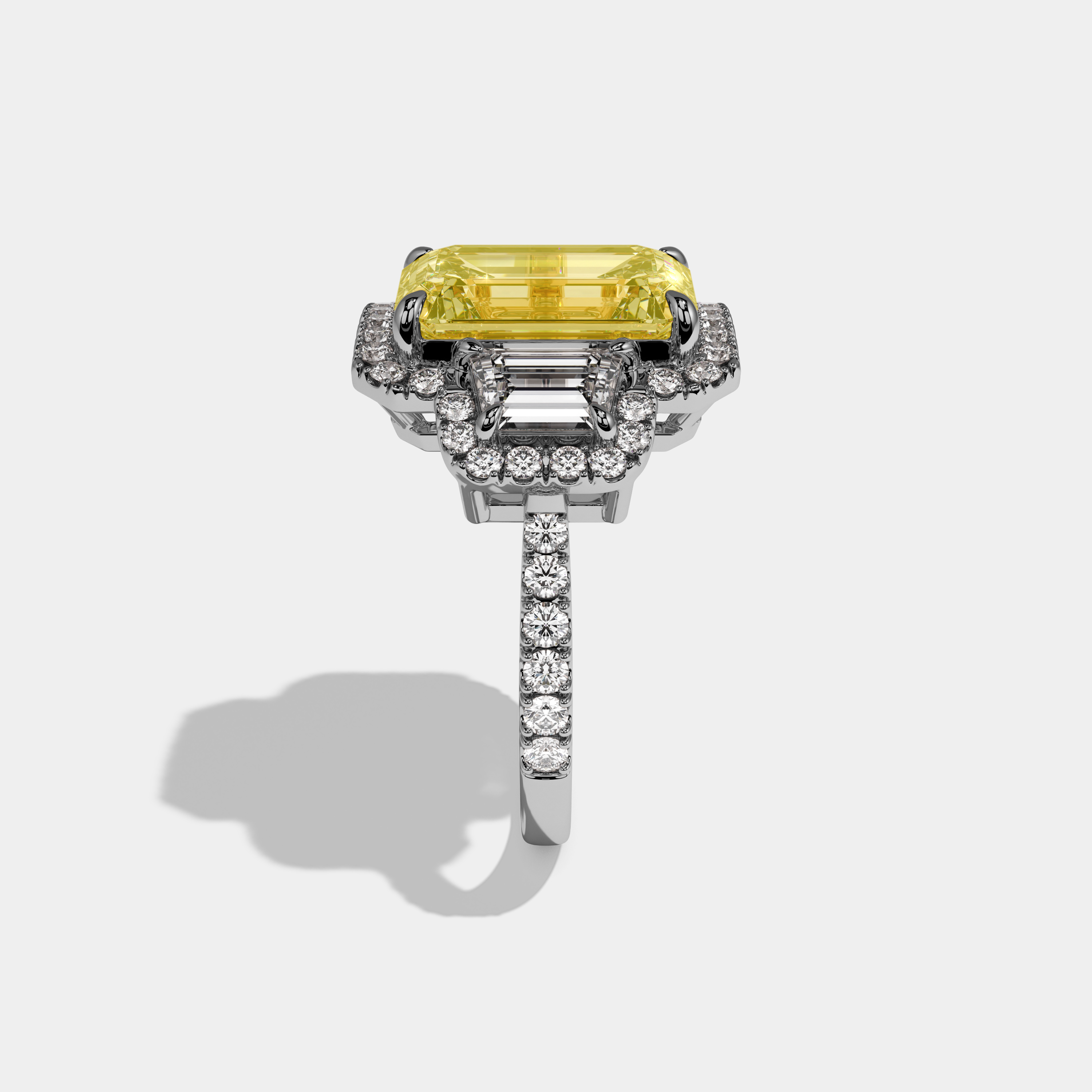 Lumina Fancy Yellow Emerald Cut Diamond Band With Step Cut Sides Engagement Ring 10ct 18k White Gold