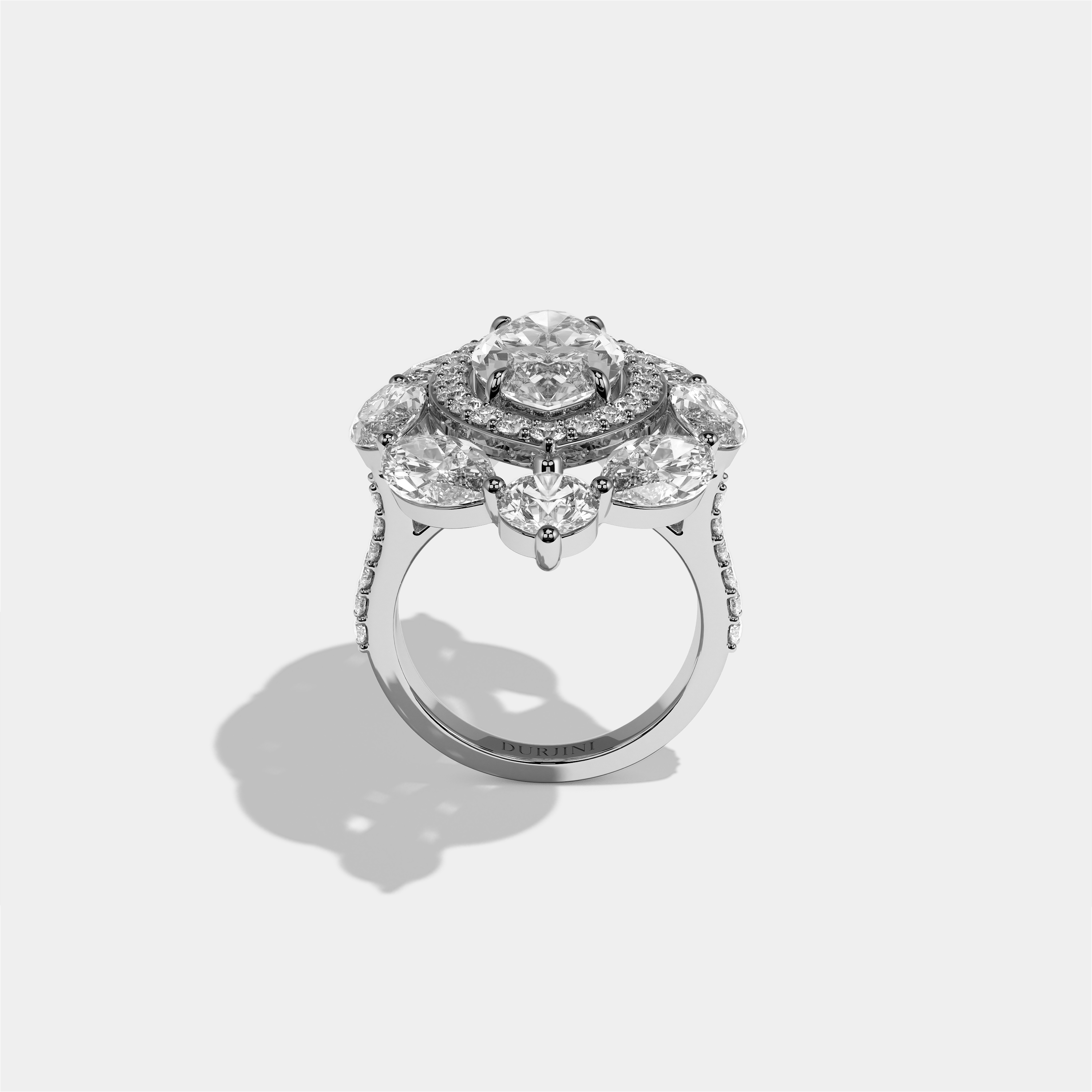 Louisa Eclat marquise diamond engagement ring in 18K white gold by Kurbãni Durjini, full view