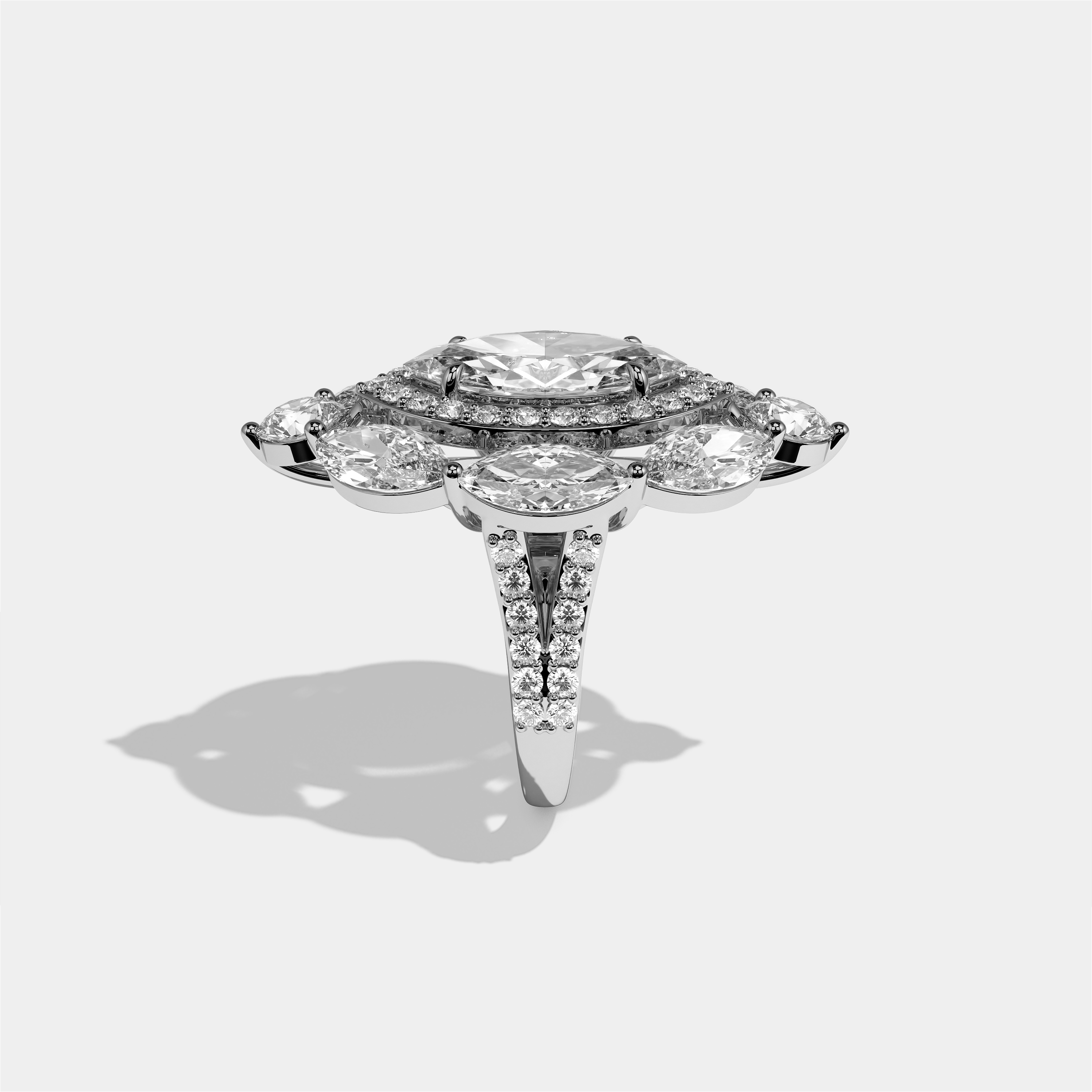 Louisa Eclat marquise diamond engagement ring in 18K white gold by Kurbãni Durjini, side view