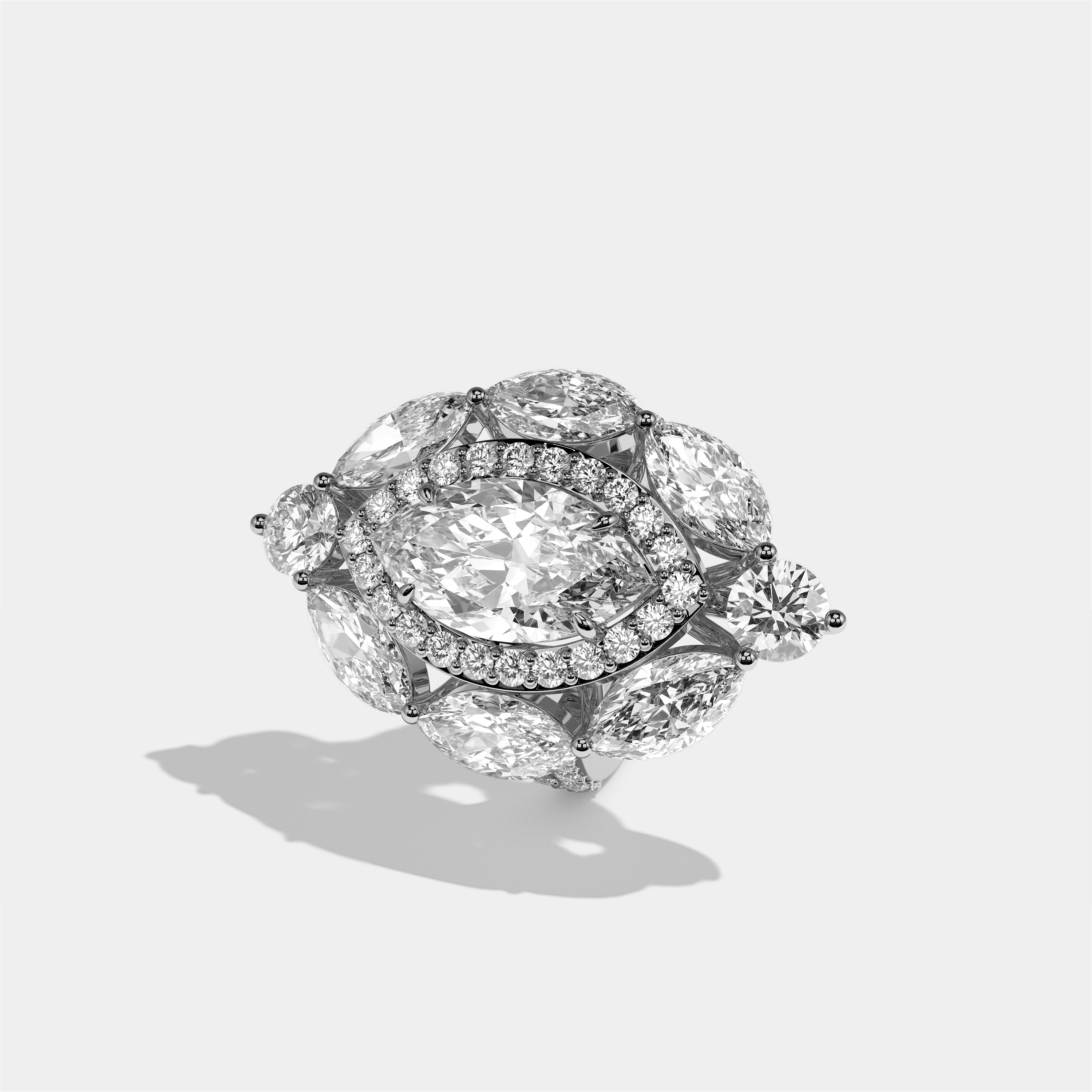 Louisa Eclat marquise diamond engagement ring in 18K white gold by Kurbãni Durjini, left view