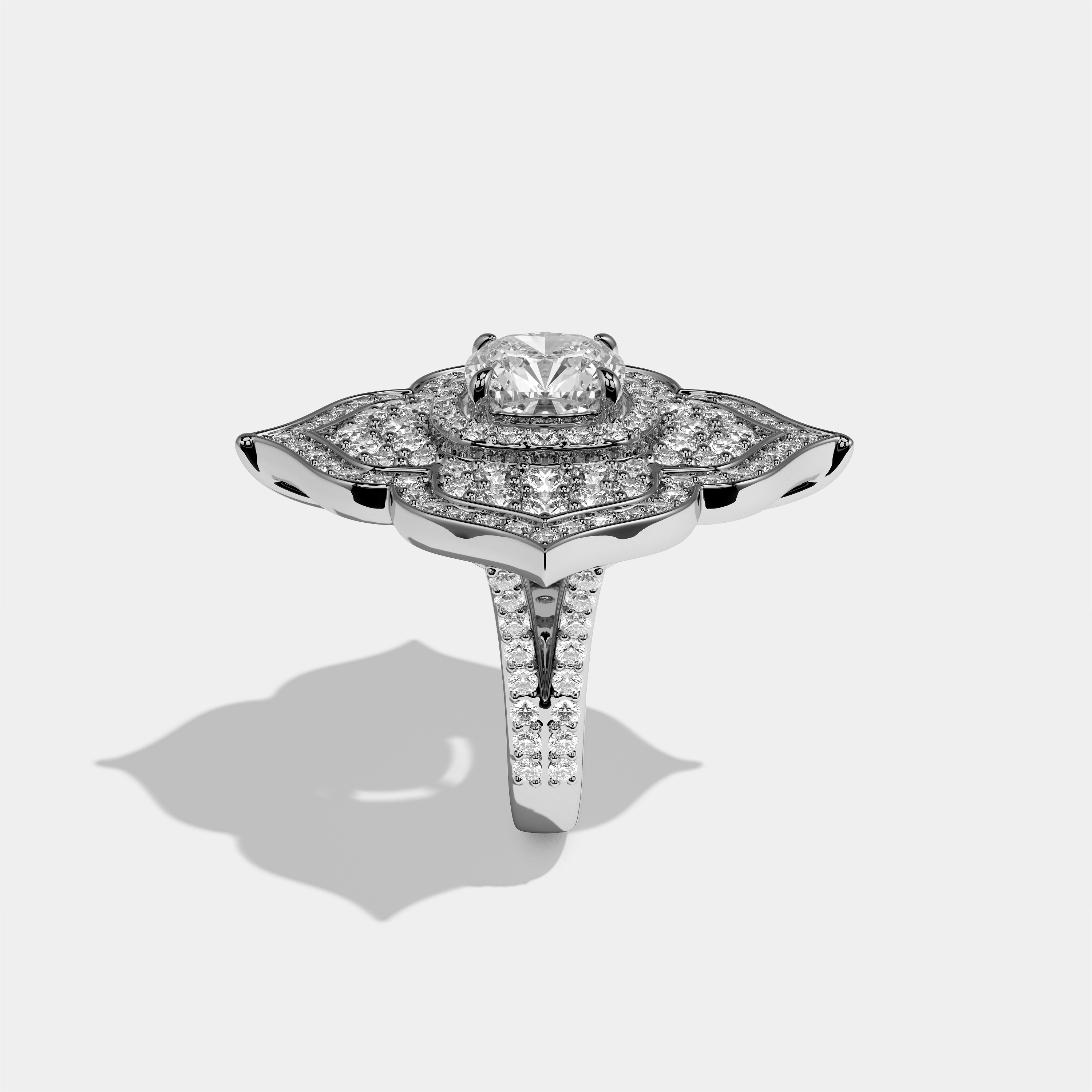 Clara Elan cushion diamond engagement ring in 18K white gold by Kurbãni Durjini, side view