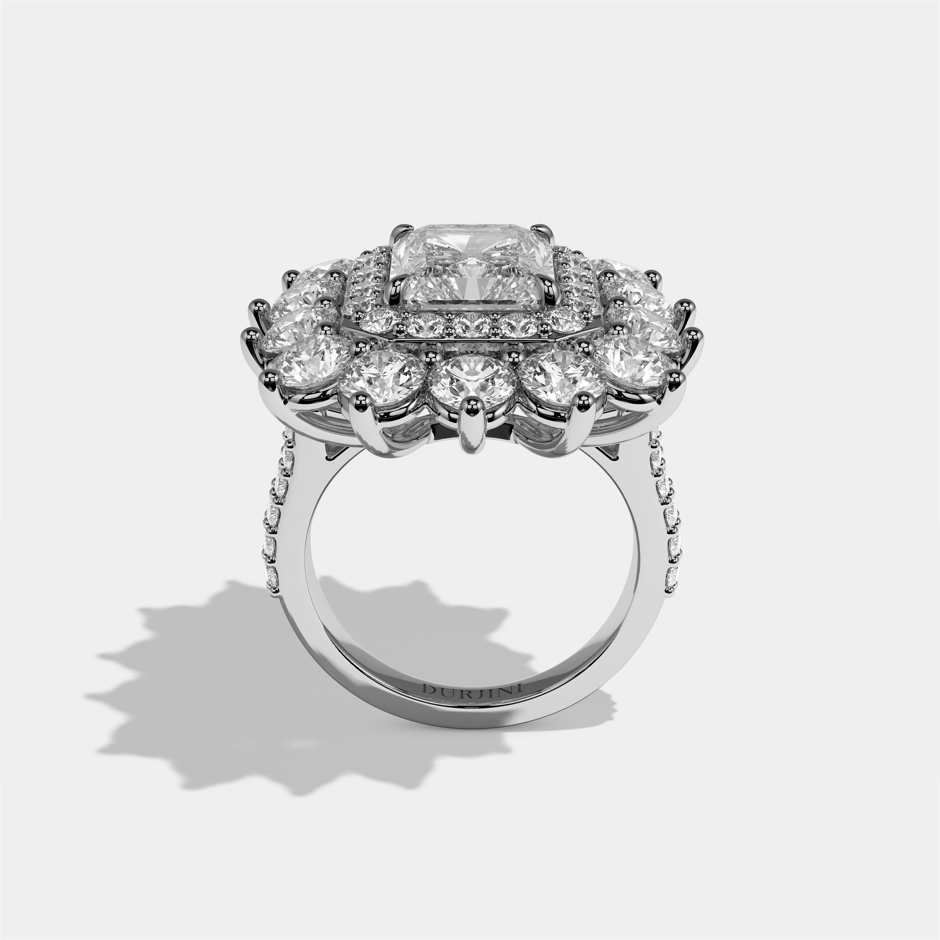 Matilda Etoile radiant diamond engagement ring in 18K white gold by Kurbãni Durjini, full view
