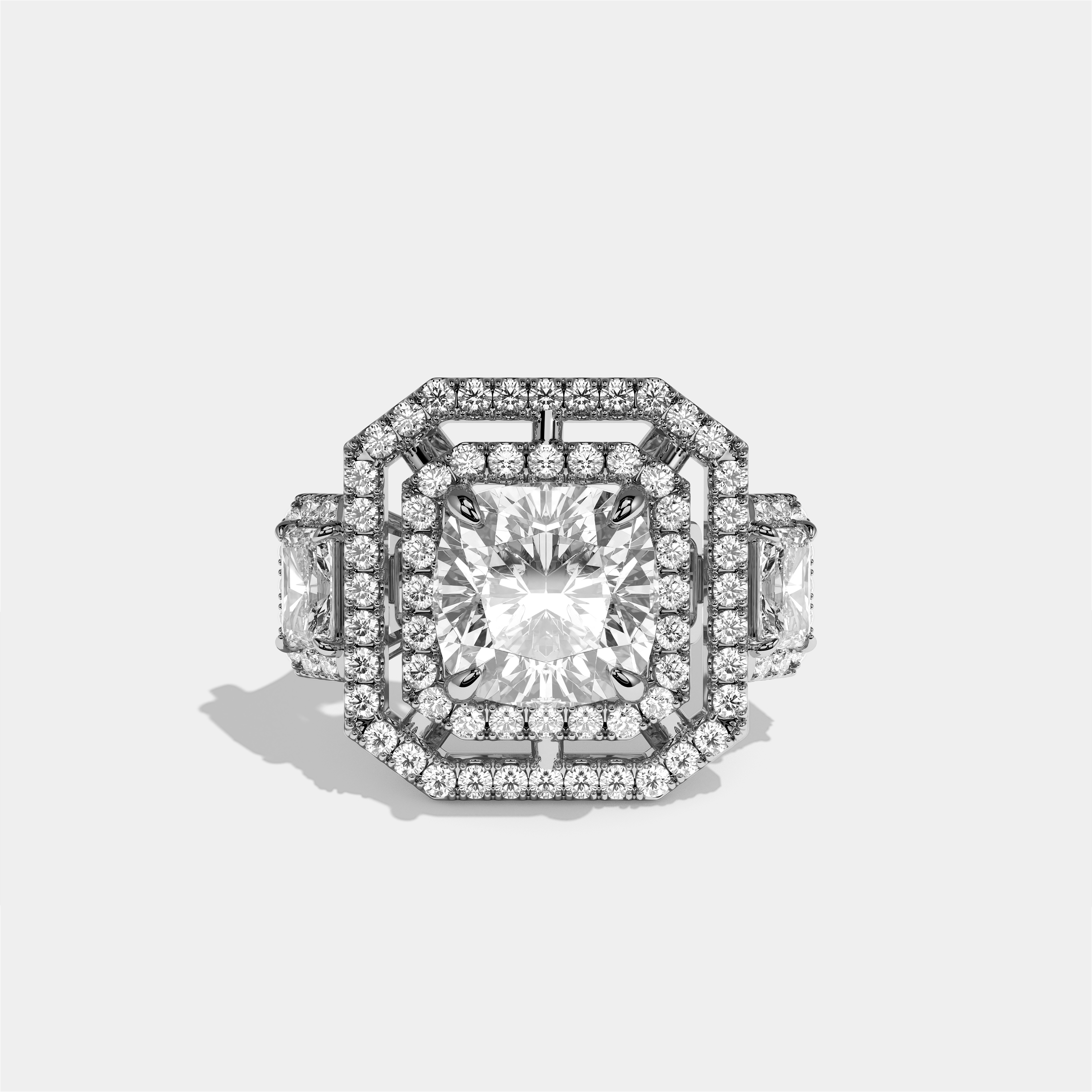 Winifred Aurora diamond cushion halo engagement ring in 18K white gold by Kurbãni Durjini, front view