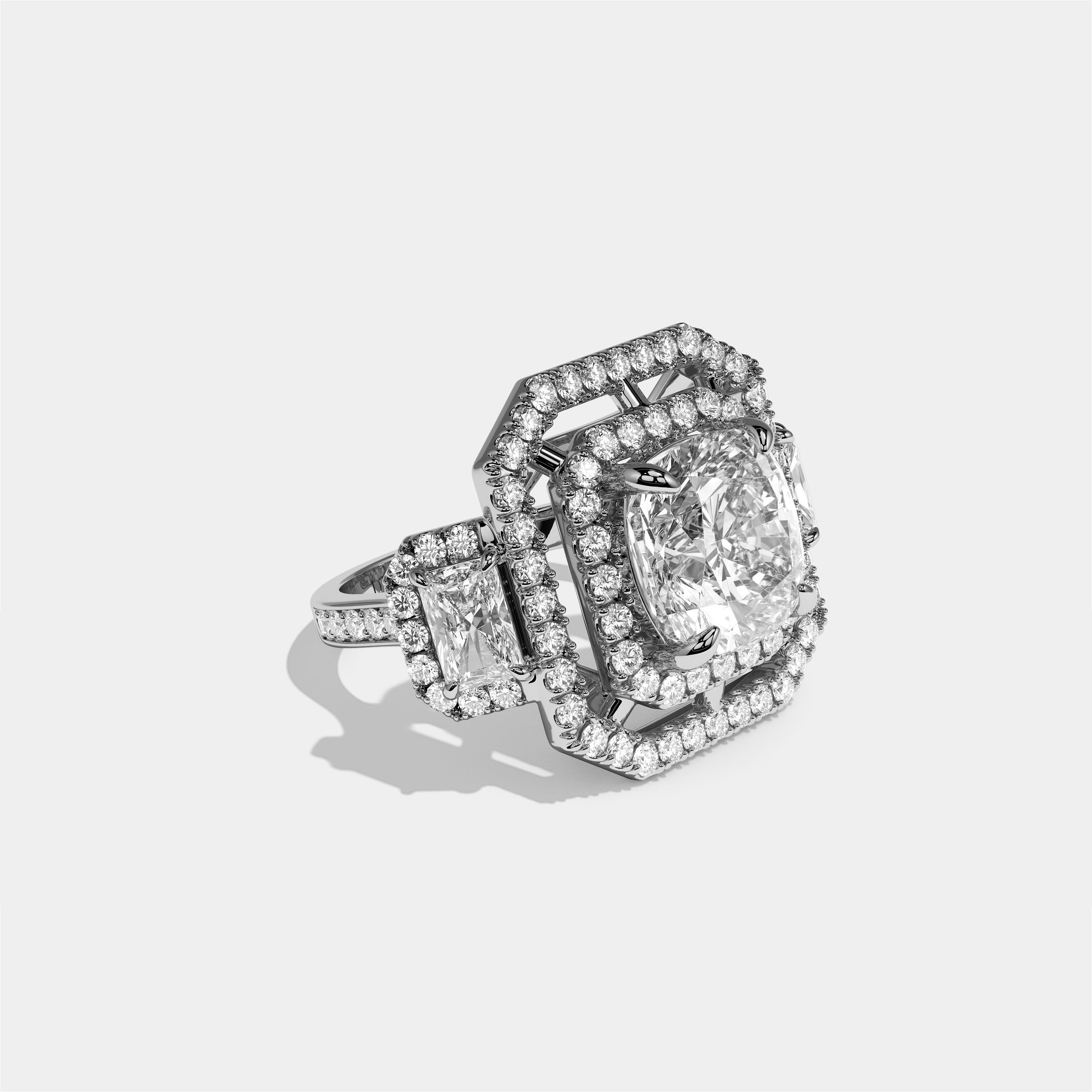 Winifred Aurora diamond cushion halo engagement ring in 18K white gold by Kurbãni Durjini, right view