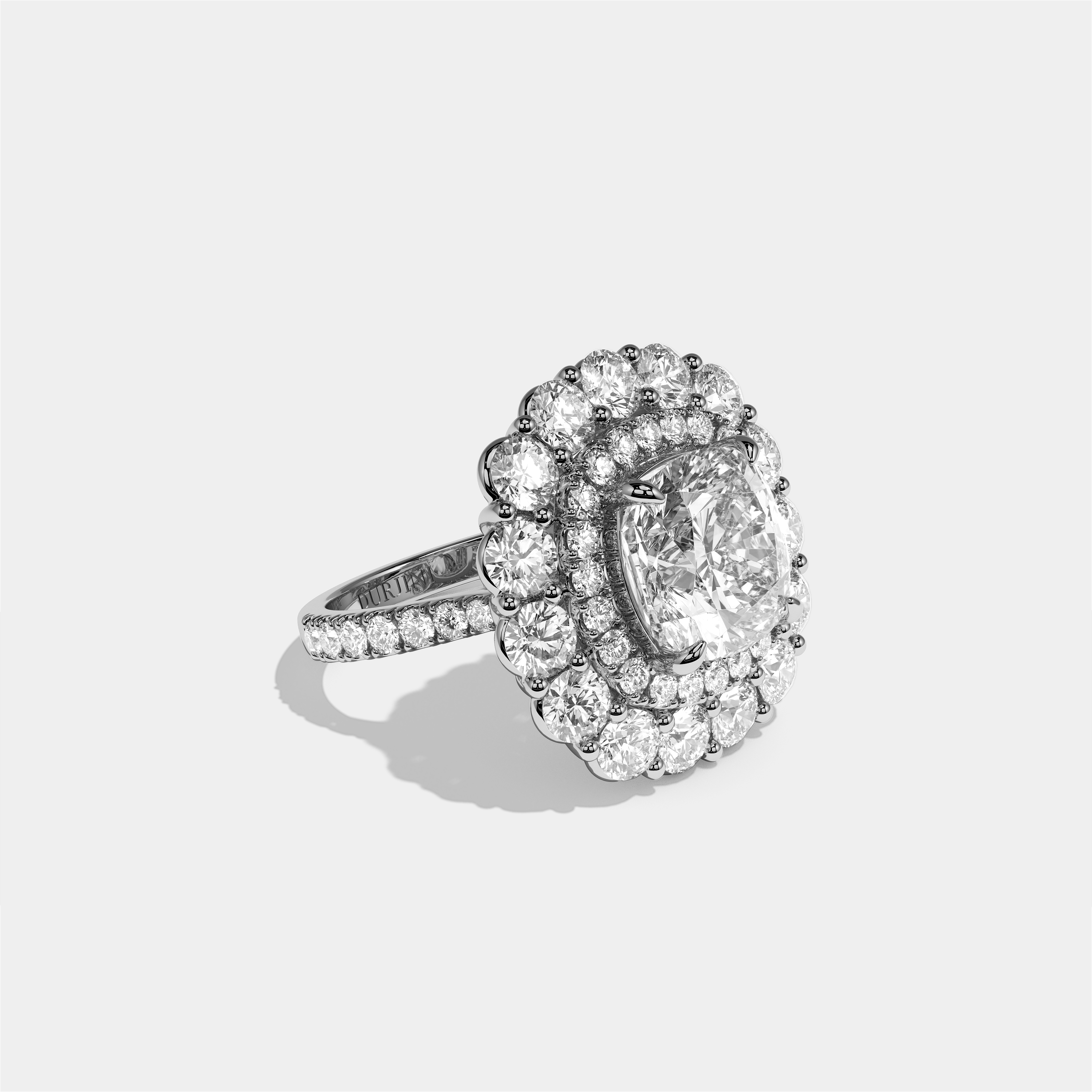Pauline Étoile diamond cushion halo engagement ring in 18K white gold by Kurbãni Durjini, right view