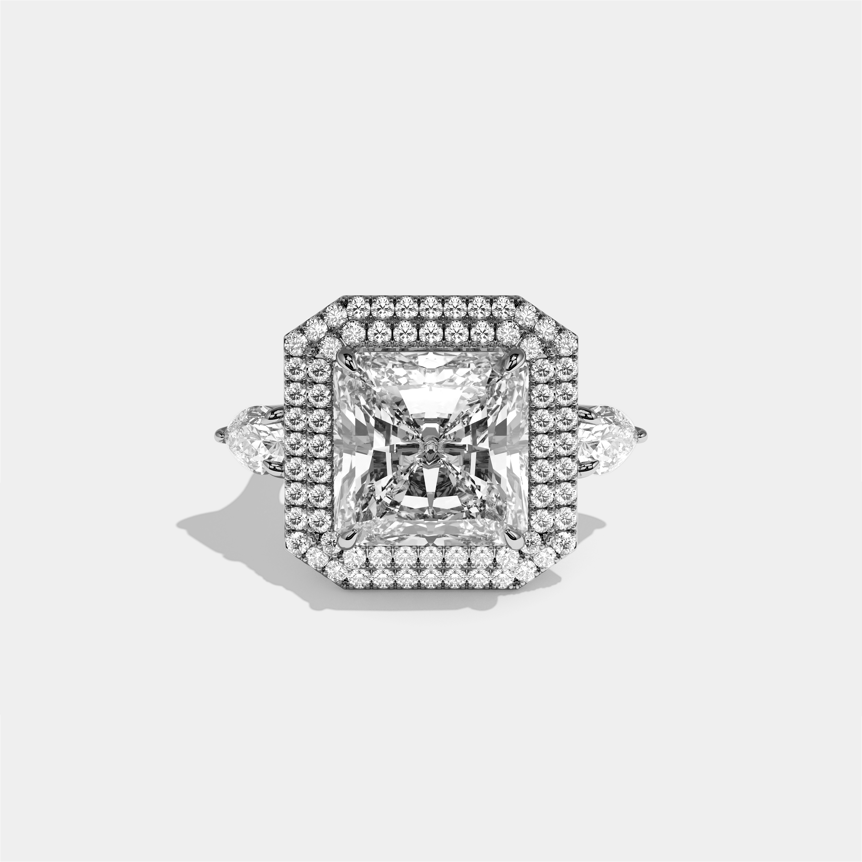 Helena Rosalind diamond radiant engagement ring in 18K white gold by Kurbãni Durjini, front view