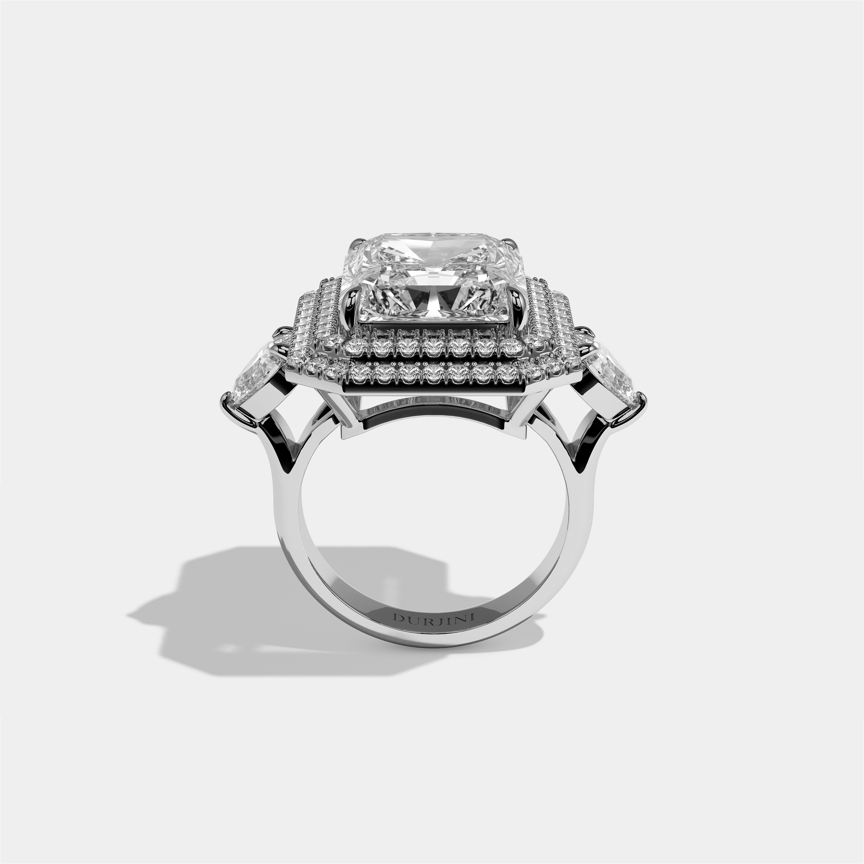 Helena Rosalind diamond radiant engagement ring in 18K white gold by Kurbãni Durjini, full view