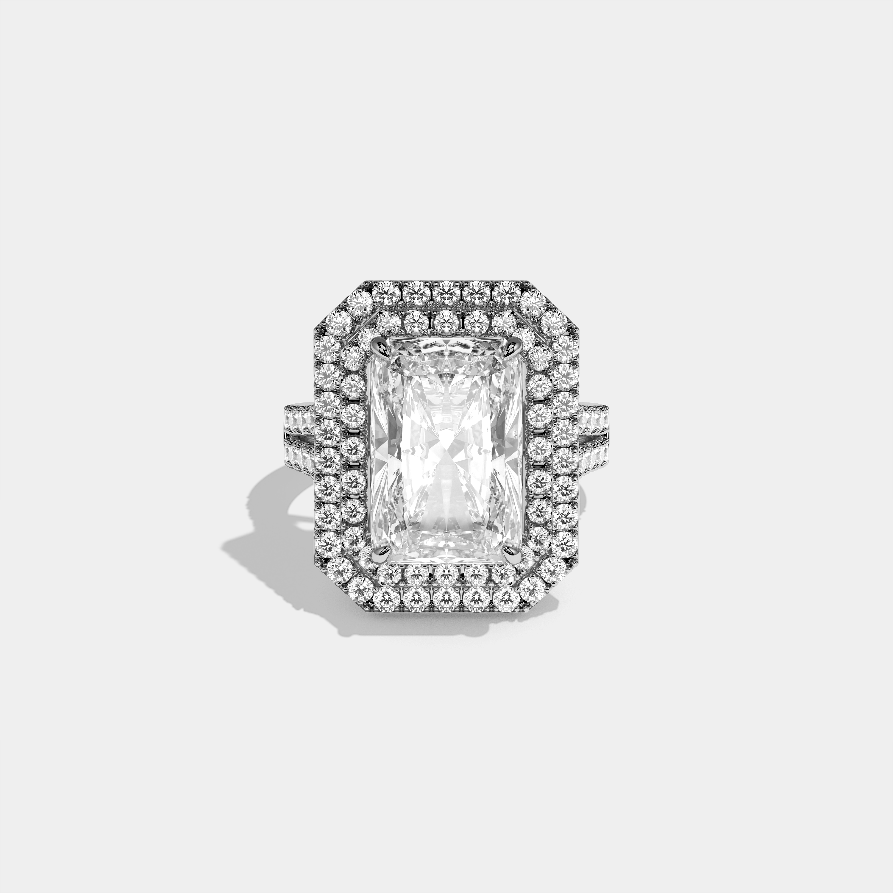 Cecilia Eleanor diamond radiant halo engagement ring in 18K white gold by Kurbãni Durjini, front view