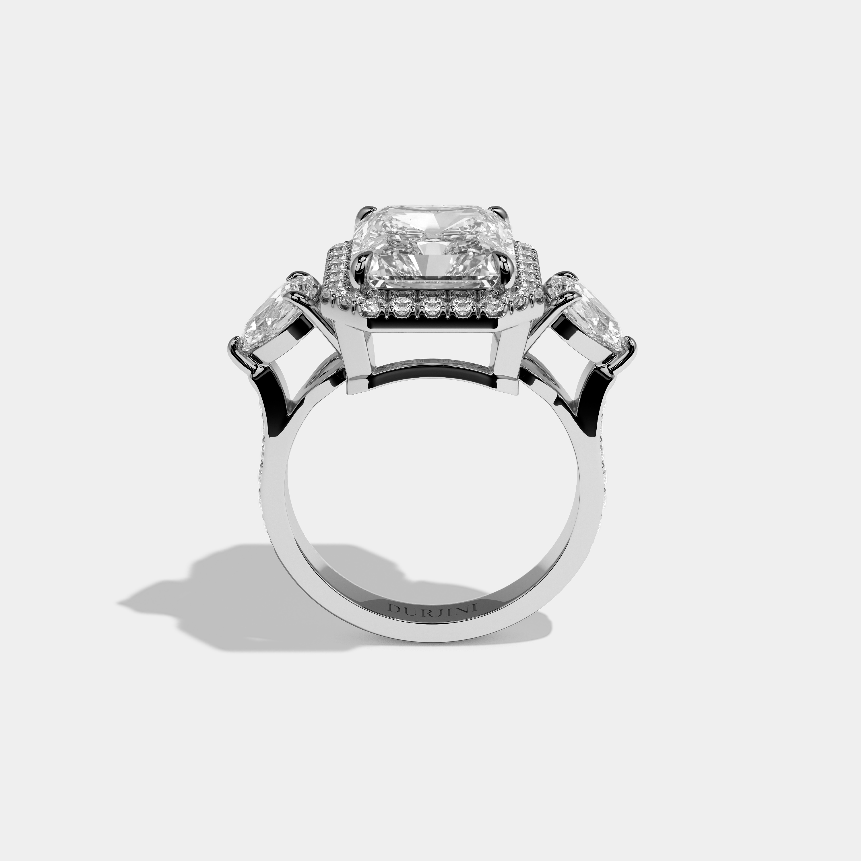 Marian Letitia diamond radiant halo engagement ring in 18K white gold by Kurbãni Durjini, full view