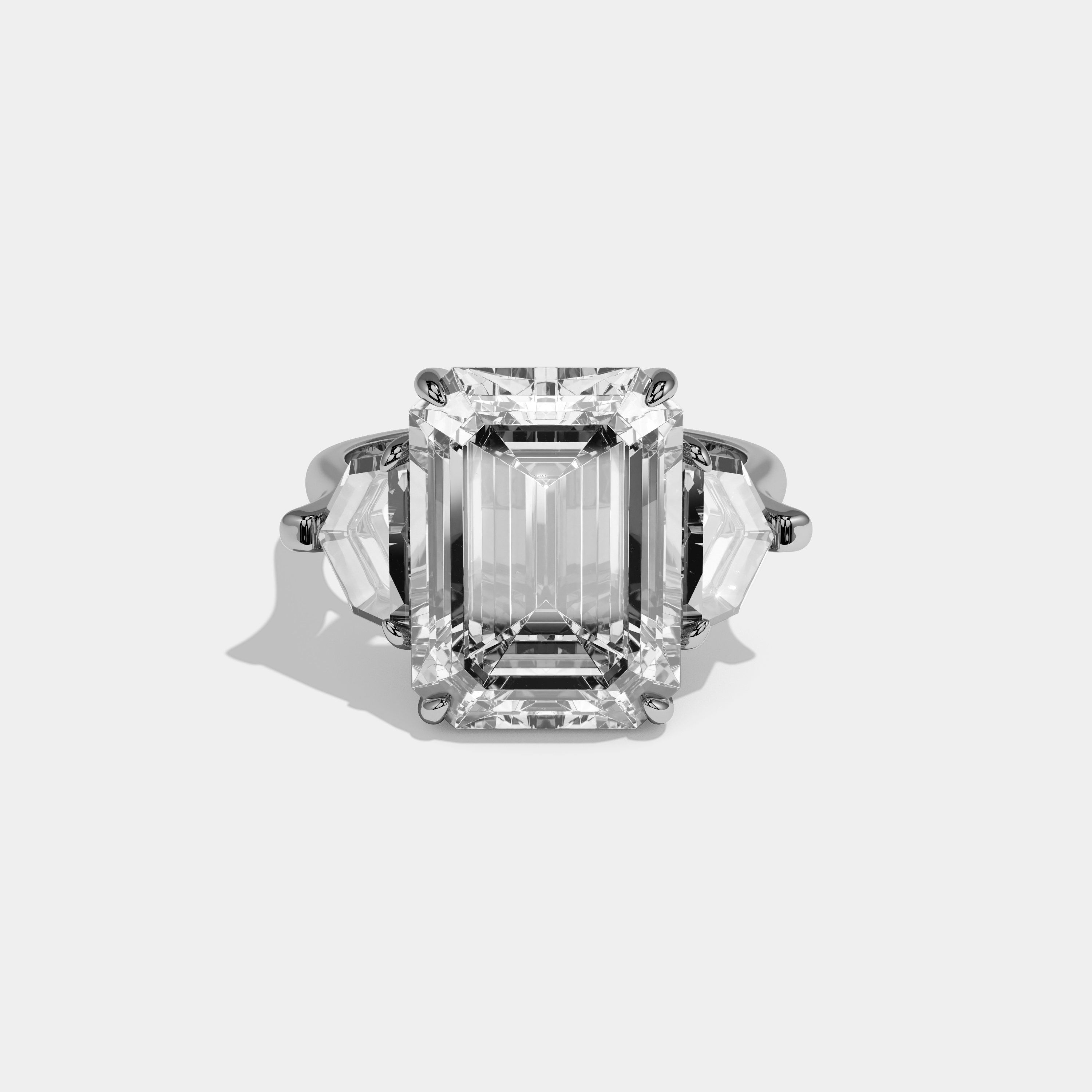 Zariah Emerald Cut Diamond With Pentagonal Side Diamond Plain Band Engagement Ring 10ct 18k White Gold