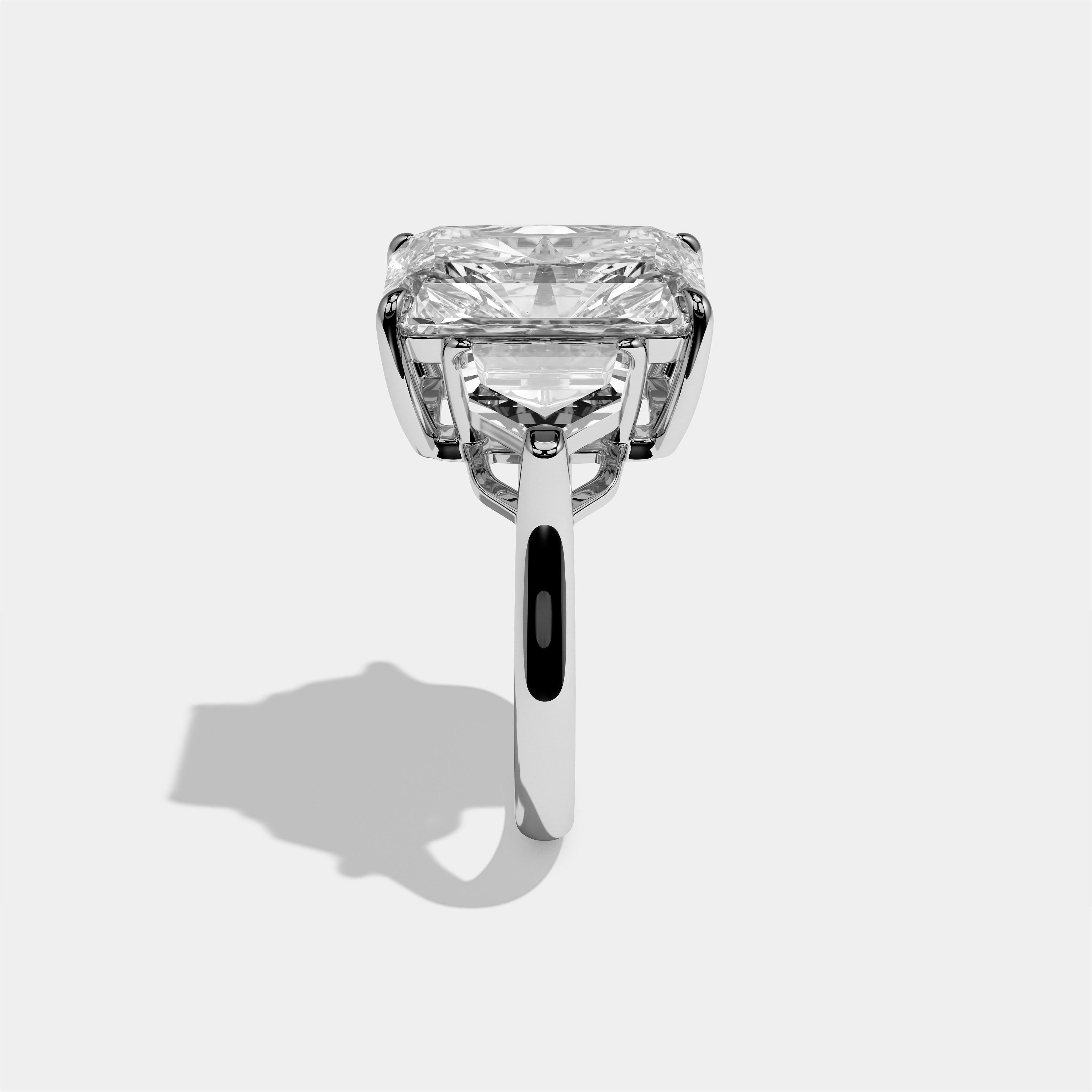 Philippa Rose diamond radiant engagement ring in 18K white gold by Kurbãni Durjini, side view