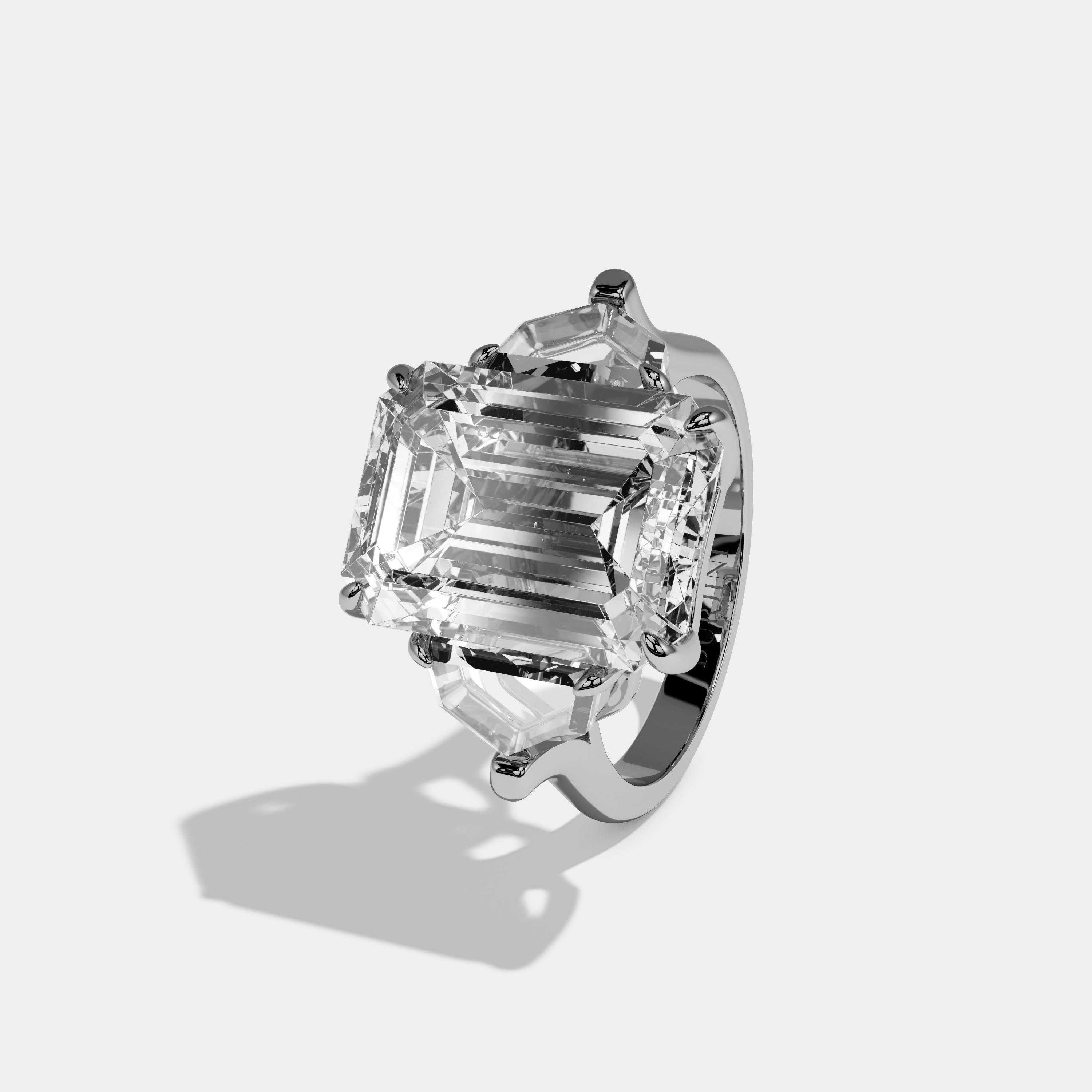Zariah Emerald Cut Diamond With Pentagonal Side Diamond Plain Band Engagement Ring 10ct 18k White Gold