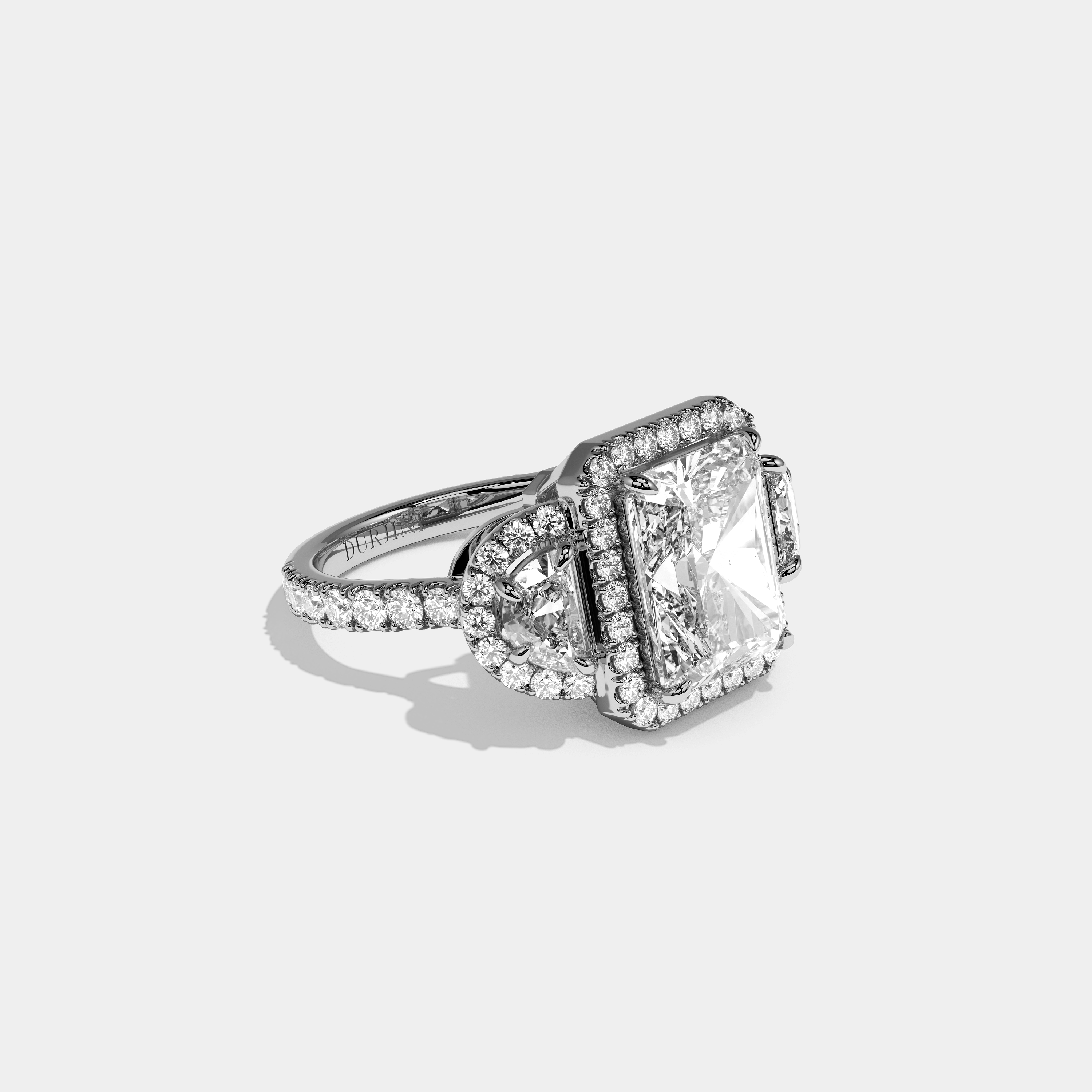 Aveline Godiva diamond radiant halo engagement ring in 18K white gold by Kurbãni Durjini, right view
