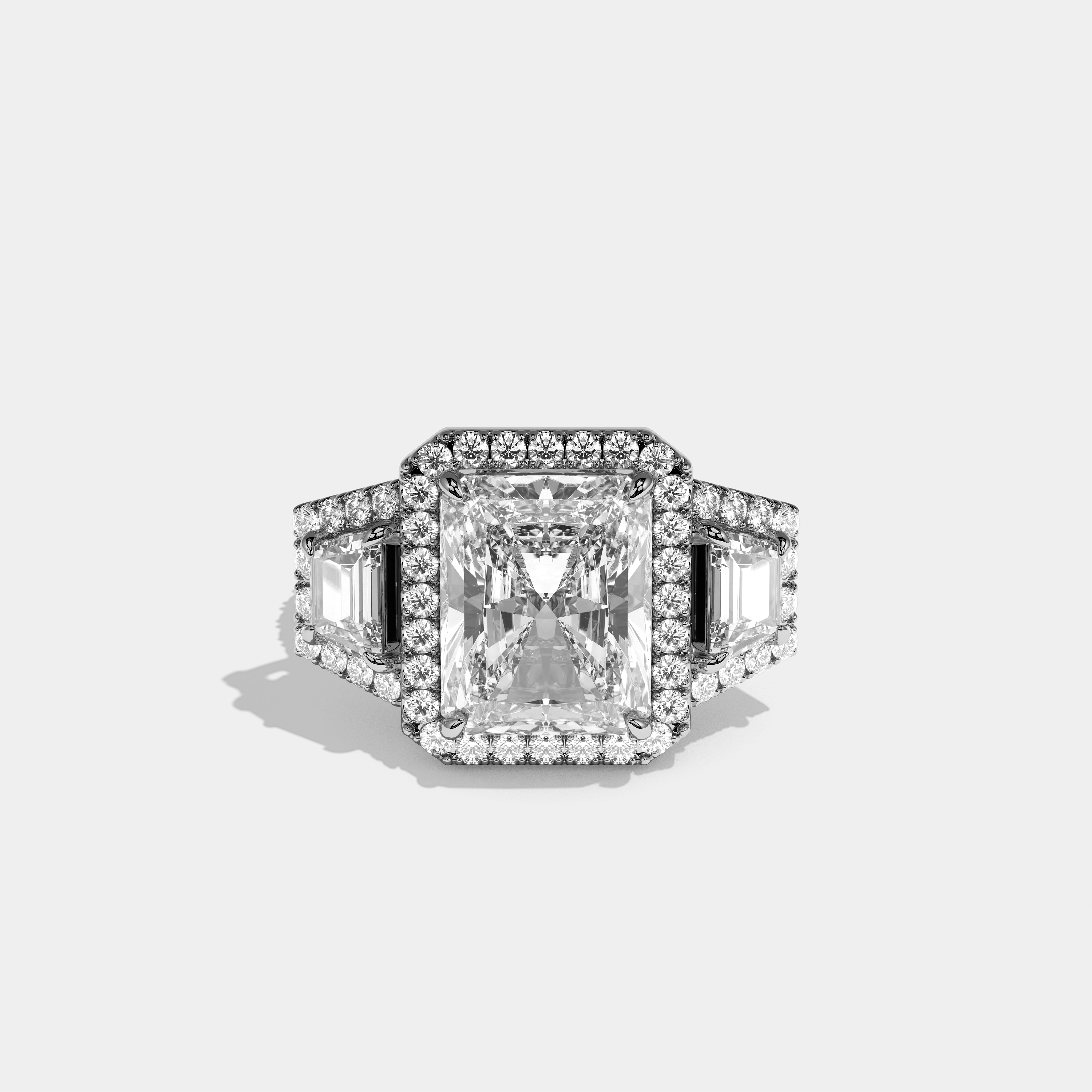 Bryony Everild diamond radiant halo engagement ring in 18K white gold by Kurbãni Durjini, front view