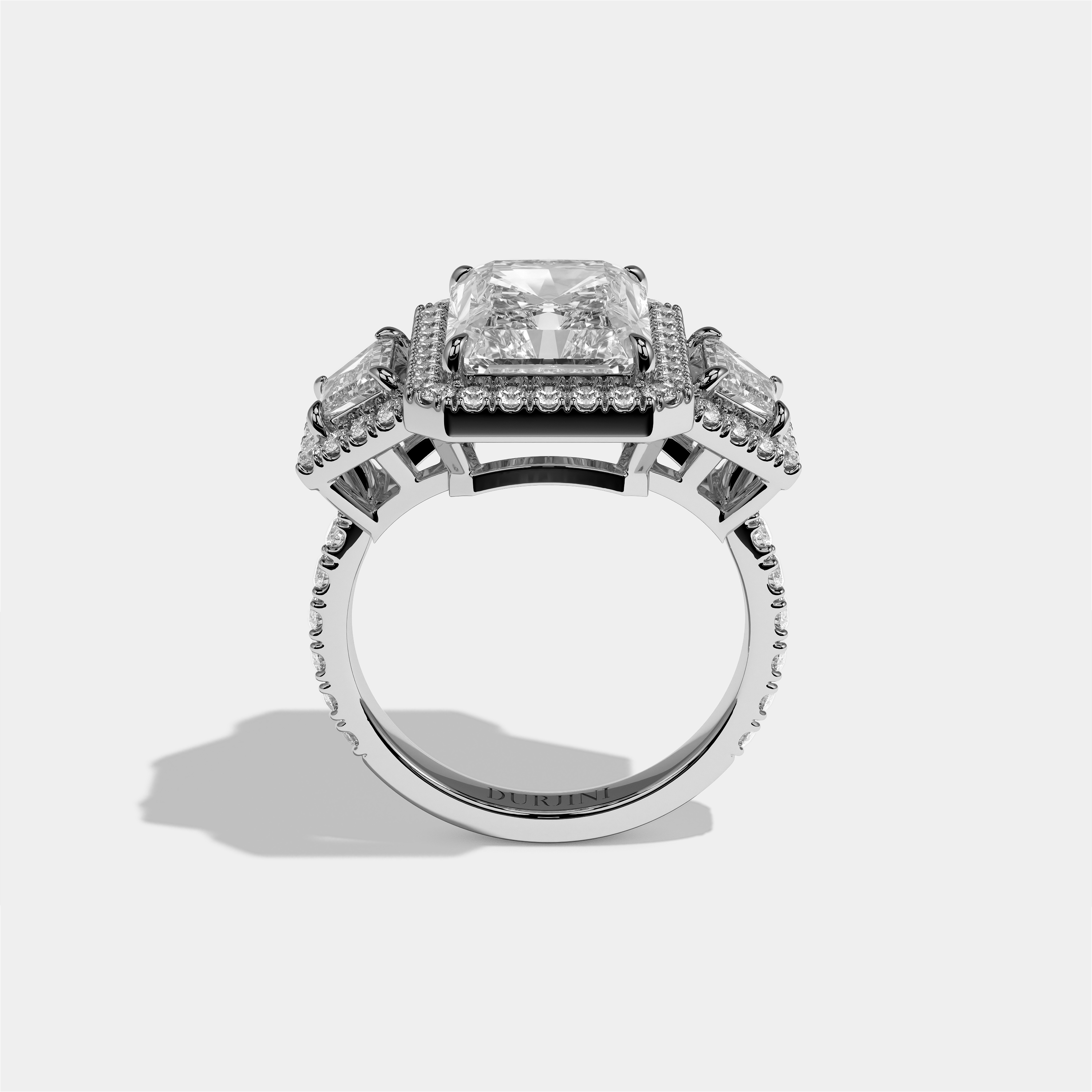 Bryony Everild diamond radiant halo engagement ring in 18K white gold by Kurbãni Durjini, full view