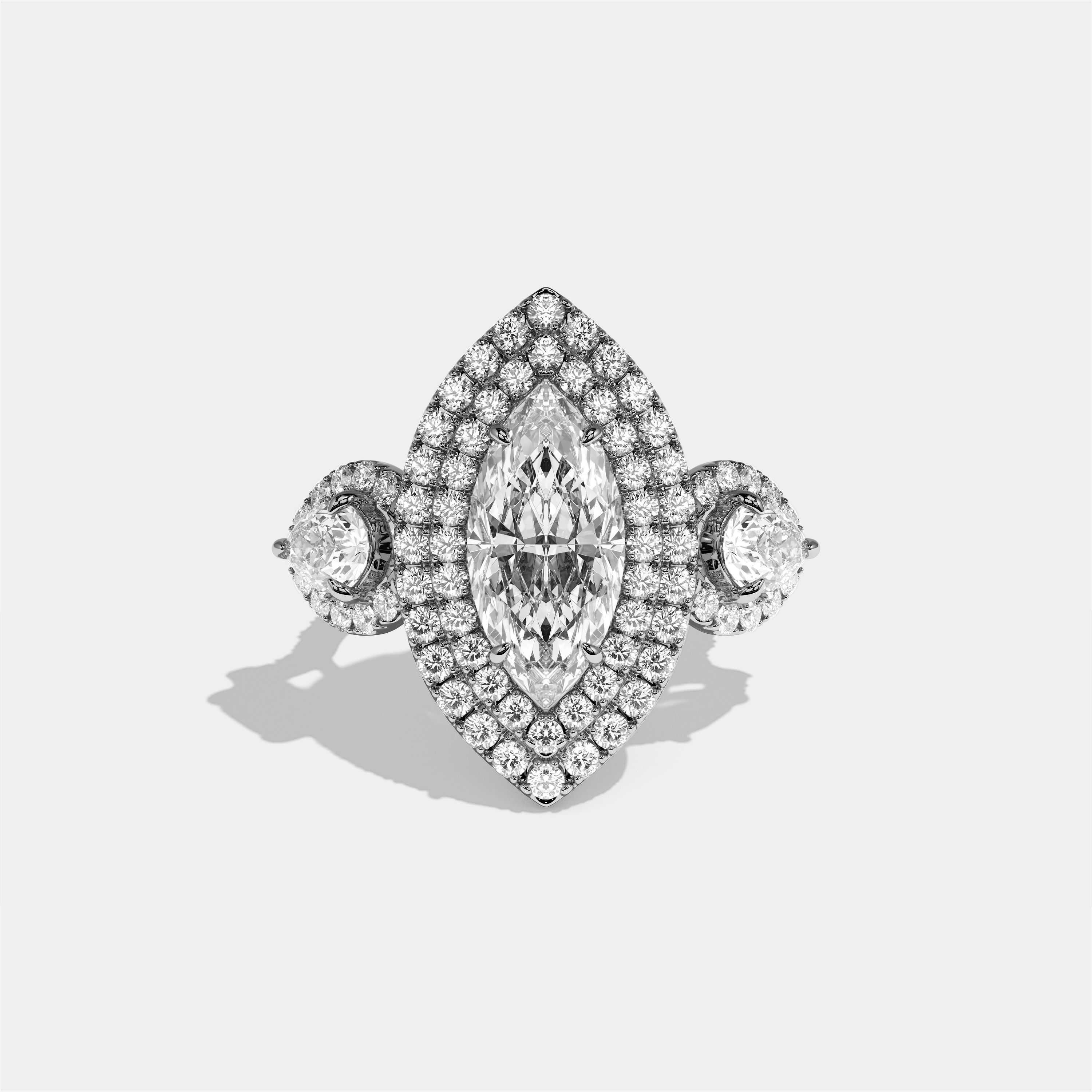Drusilla Wexford diamond marquise halo engagement ring in 18K white gold by Kurbãni Durjini, front view